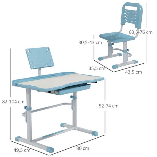 Bureau enfant réglable avec 1 tiroir, 1 étagère et angle de plateau ajustable, 80 x 49,5 x 82-104 cm, bleu et blanc - Image 5