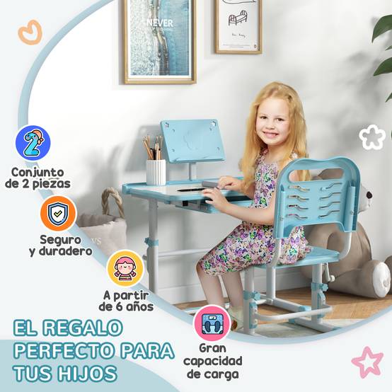 Bureau enfant réglable avec 1 tiroir, 1 étagère et angle de plateau ajustable, 80 x 49,5 x 82-104 cm, bleu et blanc - Image 6