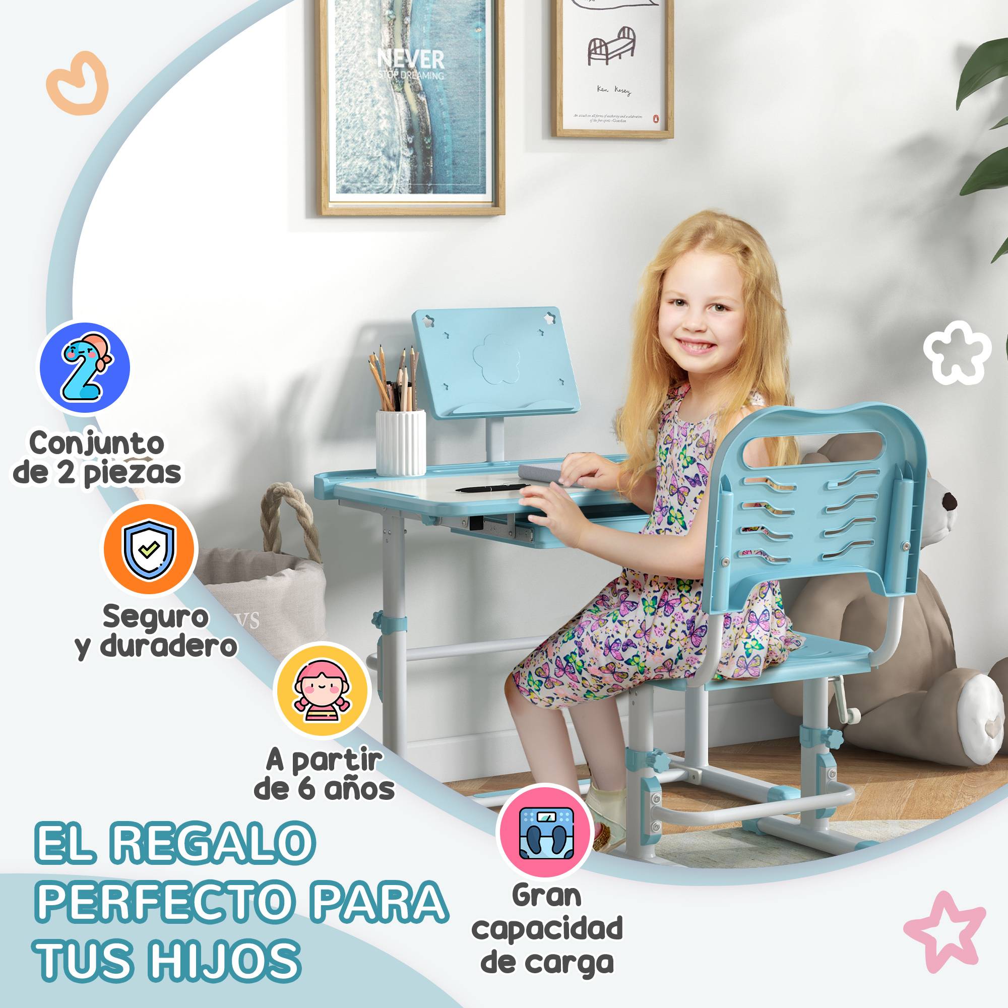 Bureau enfant réglable avec 1 tiroir, 1 étagère et angle de plateau ajustable, 80 x 49,5 x 82-104 cm, bleu et blanc - Image 6