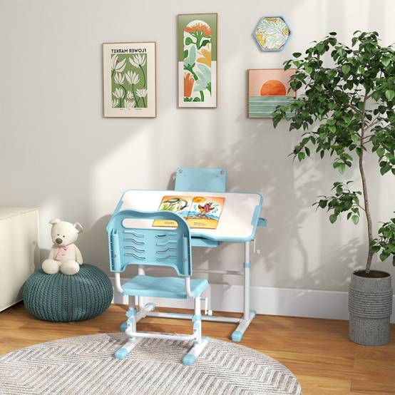Bureau enfant réglable avec 1 tiroir, 1 étagère et angle de plateau ajustable, 80 x 49,5 x 82-104 cm, bleu et blanc - Image 4