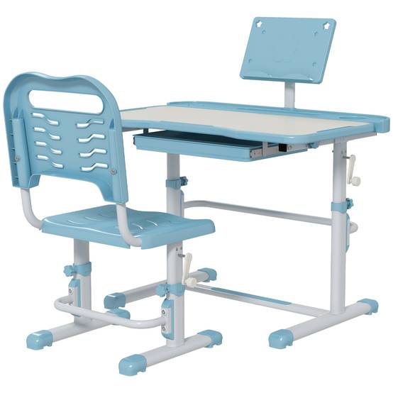 Bureau enfant réglable avec 1 tiroir, 1 étagère et angle de plateau ajustable, 80 x 49,5 x 82-104 cm, bleu et blanc - Image 2
