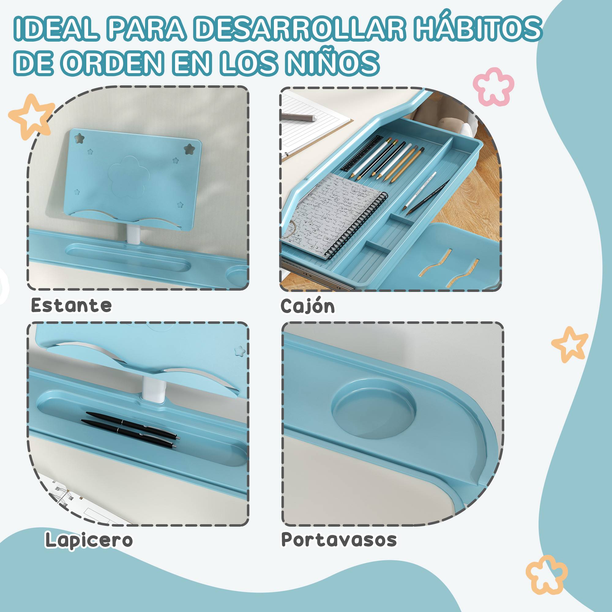 Bureau enfant réglable avec 1 tiroir, 1 étagère et angle de plateau ajustable, 80 x 49,5 x 82-104 cm, bleu et blanc - Image 7