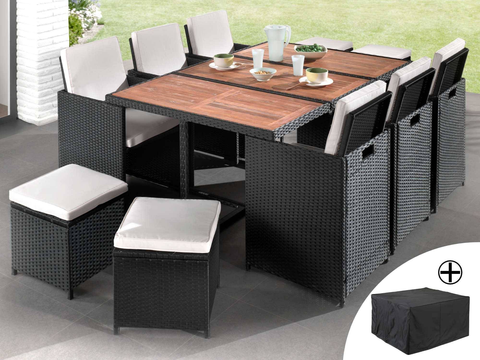 Best Mobilier - Cuba - Salon de jardin encastrable 10 places - en résine tressée - Noir avec coussins beiges + housse de protection - Best Mobilier - Image 2