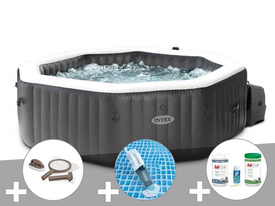 Kit spa gonflable Intex PureSpa Carbone octogonal Bulles et Jets 4 places + Kit traitement brome + Aspirateur + Kit d'entretien