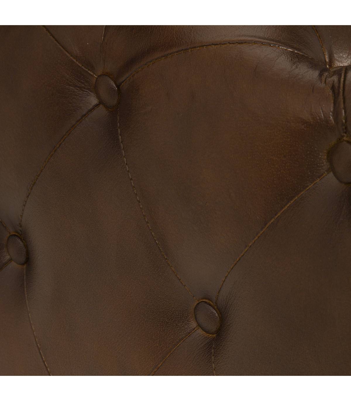 Pouf en bois et cuir marron capitonné 48 x 44 x 40.5 cm - Image 2