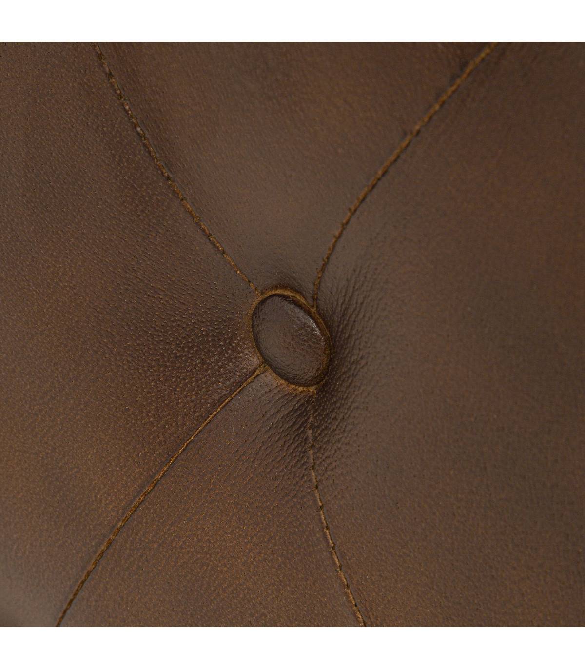 Pouf en bois et cuir marron capitonné 48 x 44 x 40.5 cm - Image 3