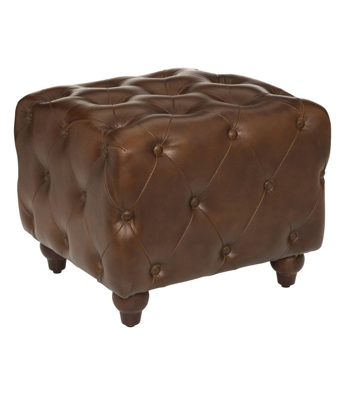 Pouf en bois et cuir marron capitonné 48 x 44 x 40.5 cm - Image 1