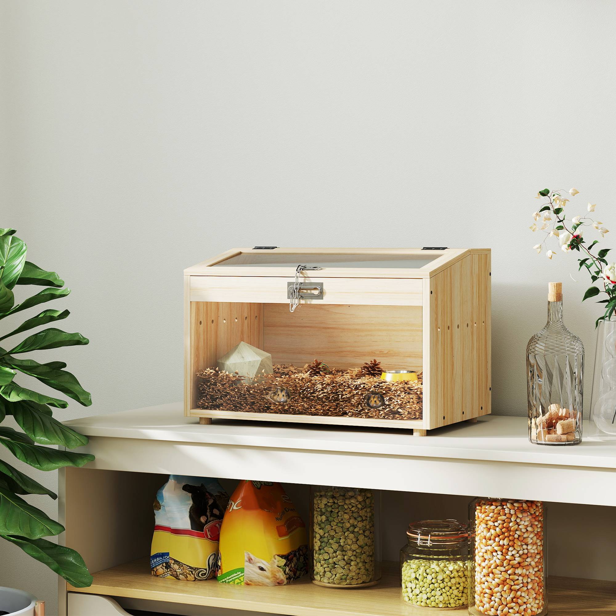 Cage hamster souris bois MDF pour petits rongeurs toit ouvrable 55x35x35cm naturel - ComfortXL Outdoor Living - Image 4