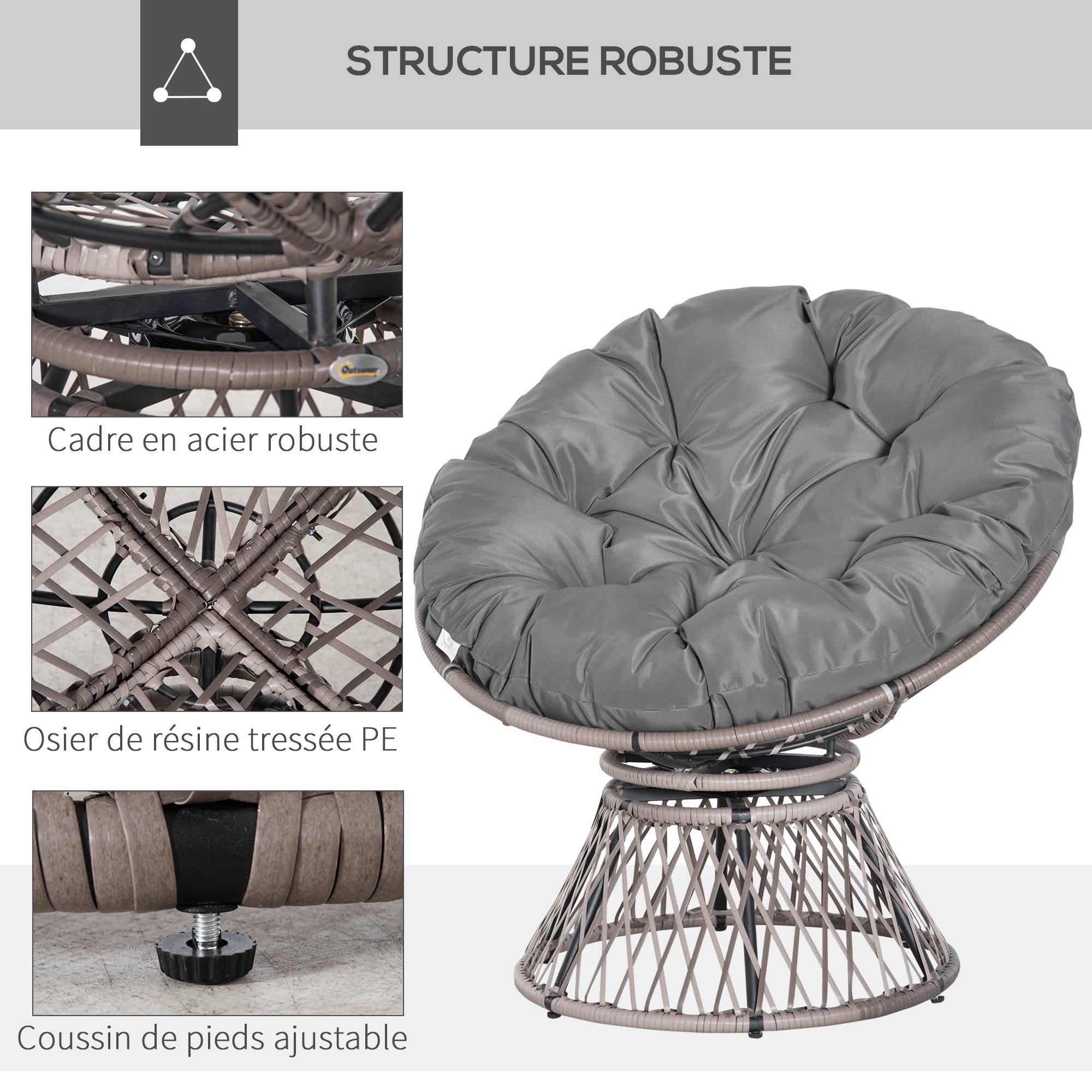 Sans Marque - Fauteuil rond de jardin fauteuil papasan pivotant Ø 97 x 86H cm grand coussin fourni polyester résine tressée - Image 8
