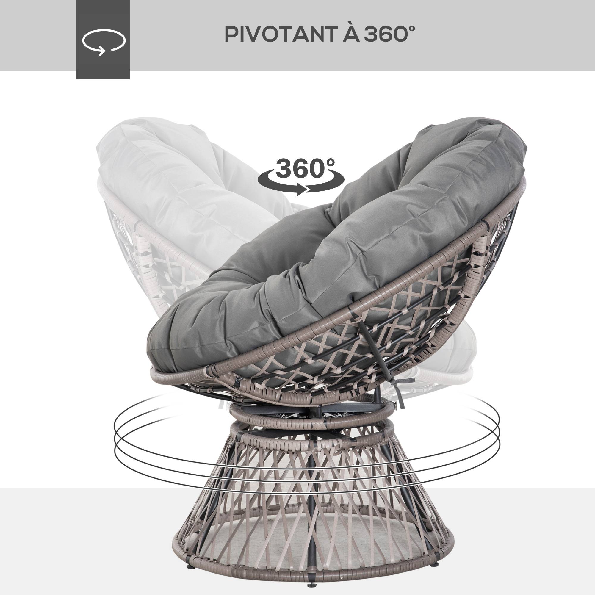 Sans Marque - Fauteuil rond de jardin fauteuil papasan pivotant Ø 97 x 86H cm grand coussin fourni polyester résine tressée - Image 6