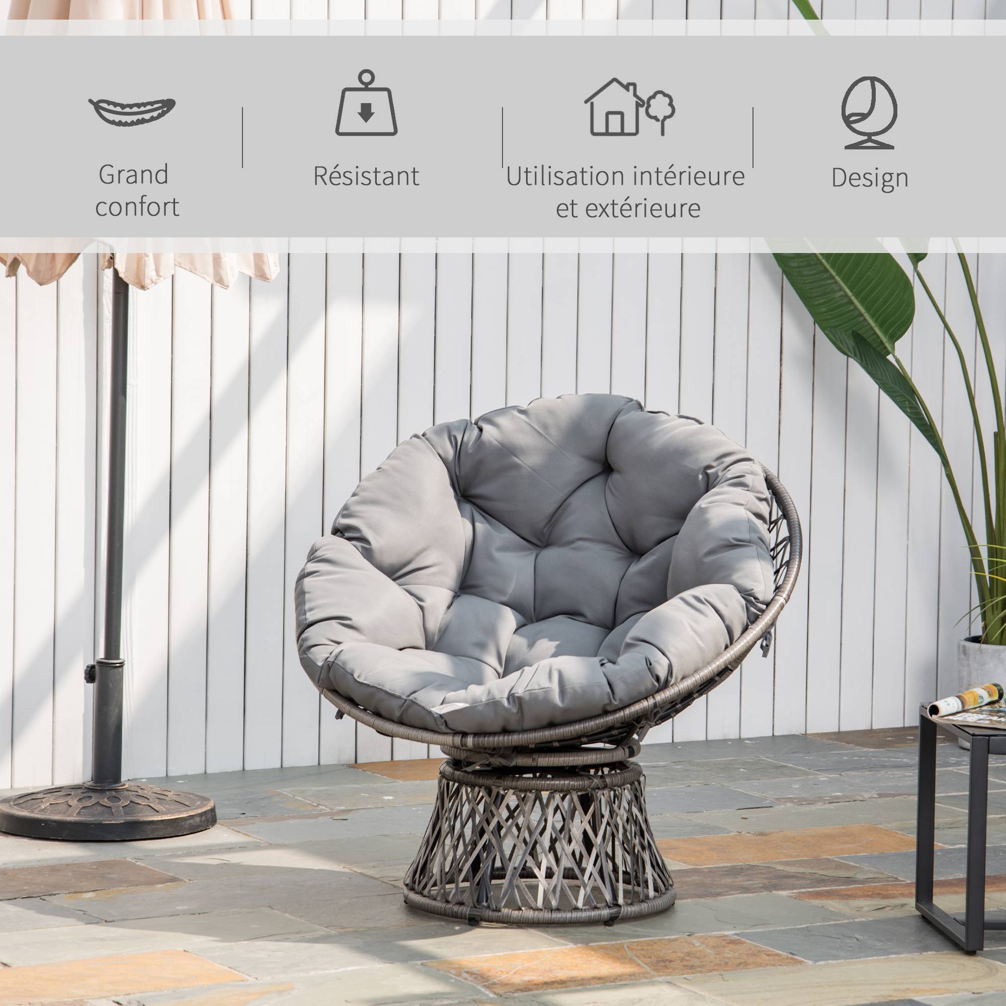 Sans Marque - Fauteuil rond de jardin fauteuil papasan pivotant Ø 97 x 86H cm grand coussin fourni polyester résine tressée - Image 9