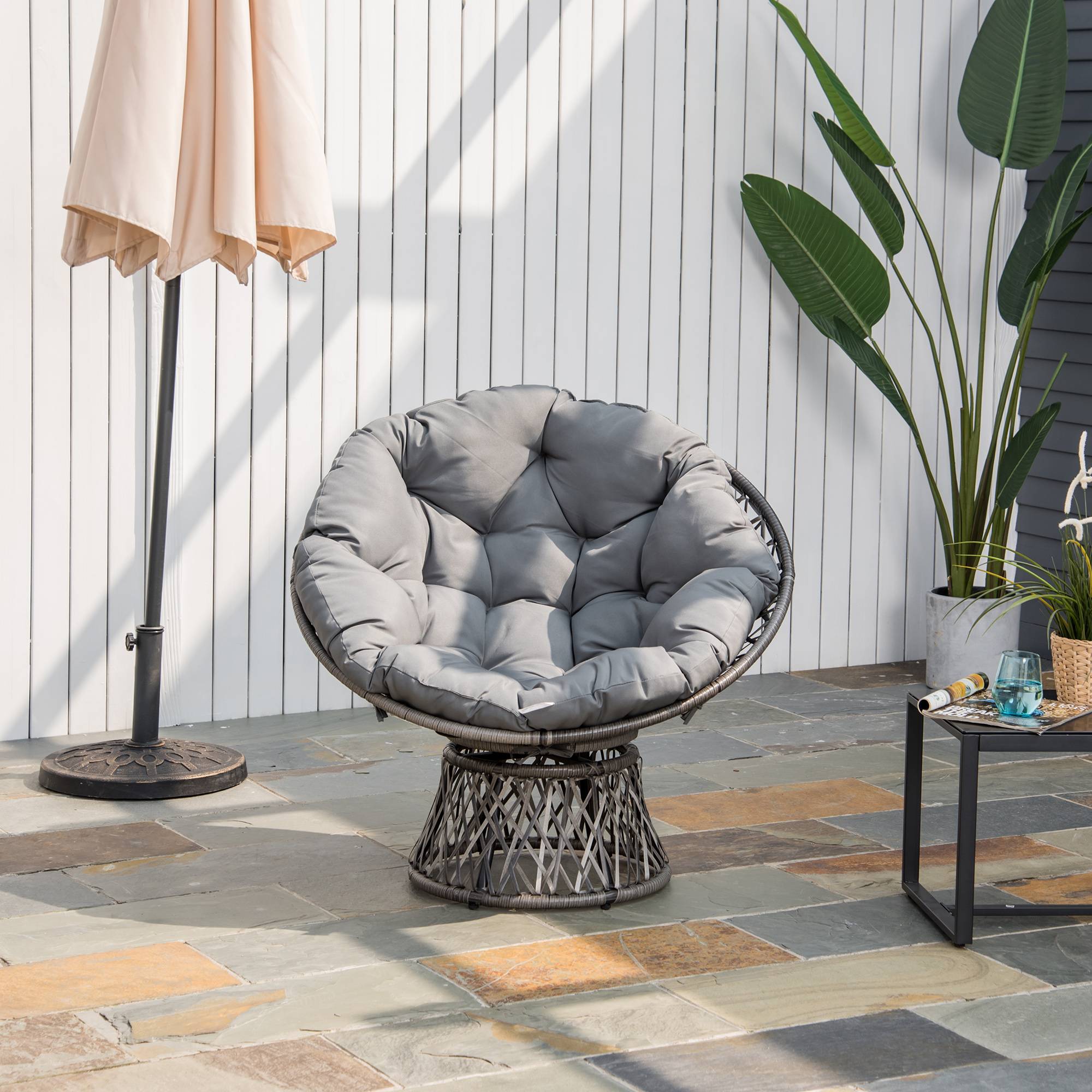 Sans Marque - Fauteuil rond de jardin fauteuil papasan pivotant Ø 97 x 86H cm grand coussin fourni polyester résine tressée - Image 3