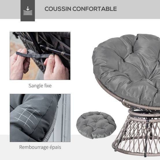 Sans Marque - Fauteuil rond de jardin fauteuil papasan pivotant Ø 97 x 86H cm grand coussin fourni polyester résine tressée - Image 7