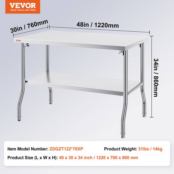 Vevor - VEVOR Table travail commerciale pliante 48x30 pouces. Double étagère acier inoxydable. Préparation commerciale. - Image 7
