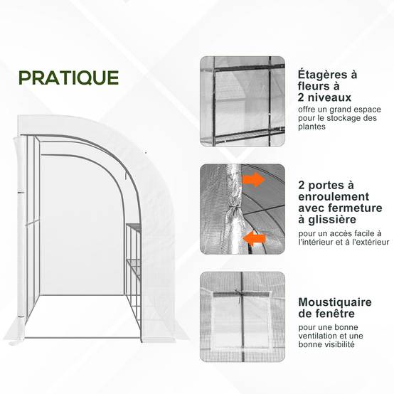 Serre Adossée Balcon PE Plantes 3 Niveaux Portes Zippées 300x150x213cm Blanc - ComfortXL Outdoor Living - Image 9