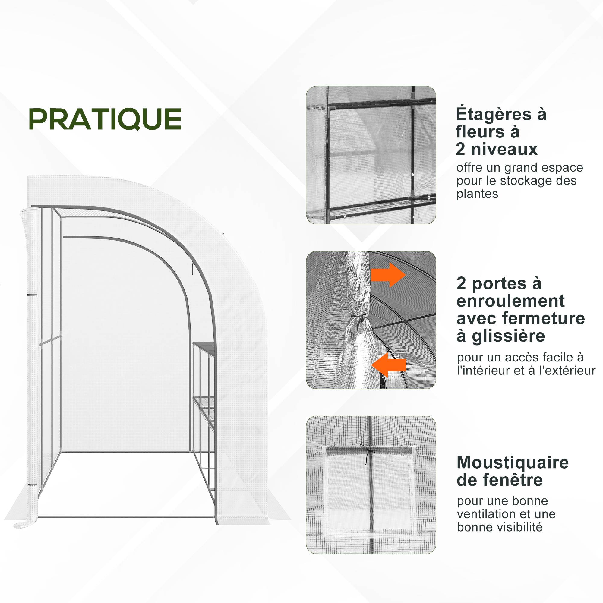 Serre Adossée Balcon PE Plantes 3 Niveaux Portes Zippées 300x150x213cm Blanc - ComfortXL Outdoor Living - Image 9