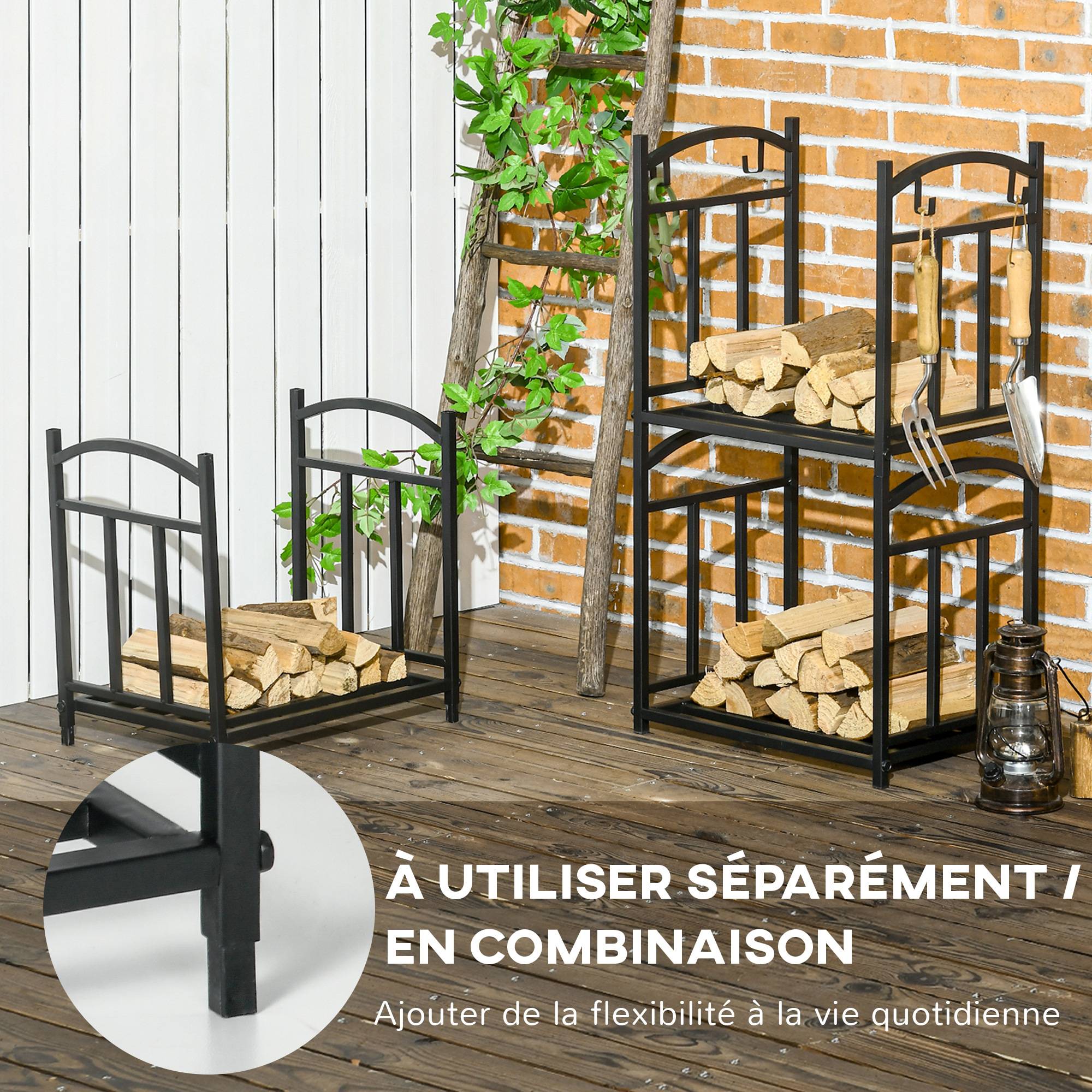 Range bûches Porte-bûches range rack à bûches pour bois de cheminée modulable 4 crochets dim. 46 x 32 x 126 cm - Image 6