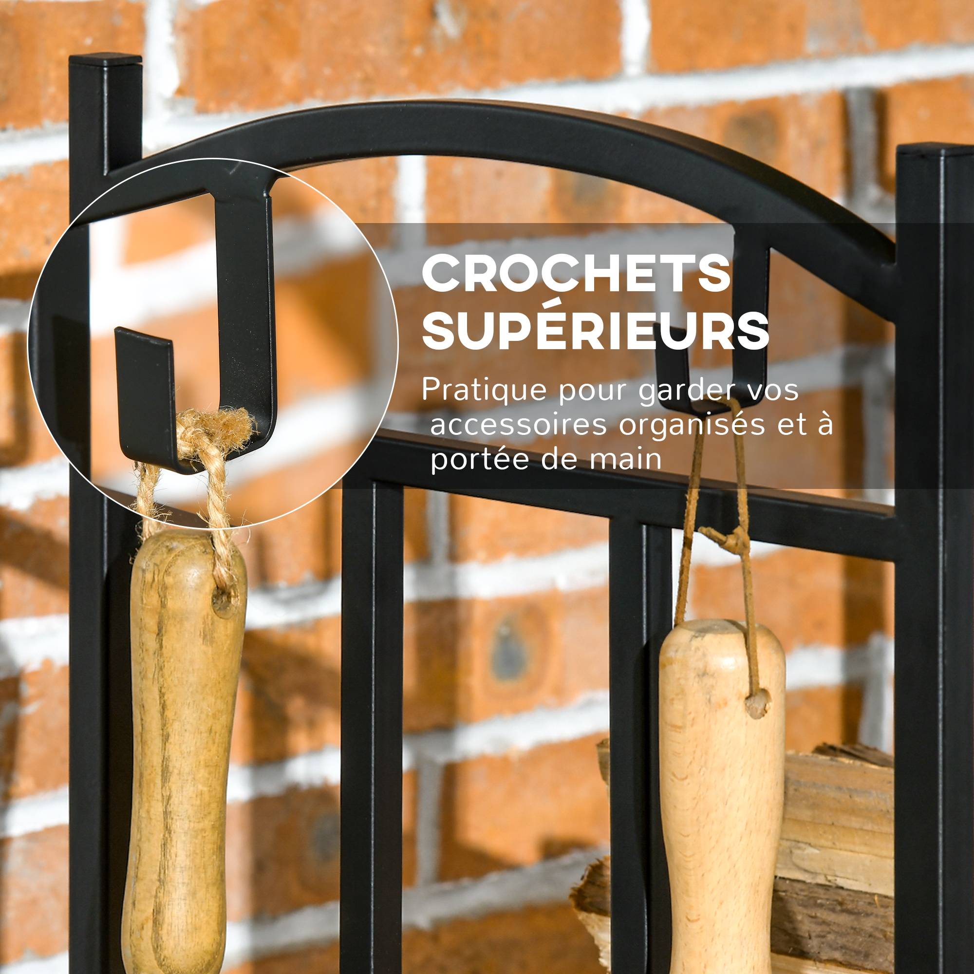 Range bûches Porte-bûches range rack à bûches pour bois de cheminée modulable 4 crochets dim. 46 x 32 x 126 cm - Image 8