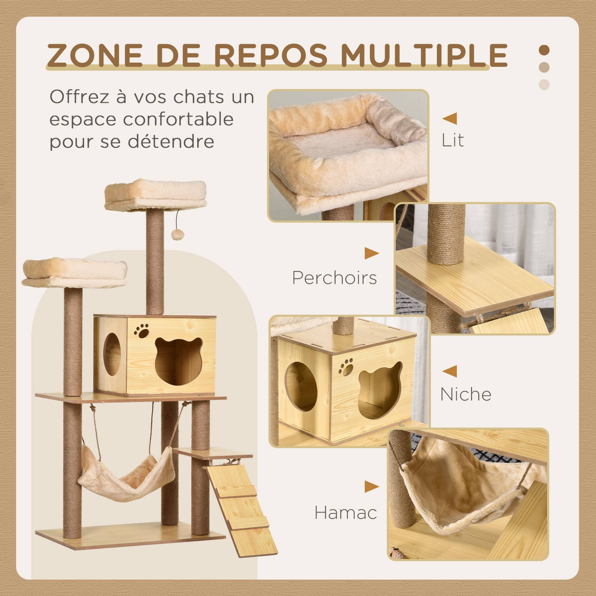 Arbre à chats design contemporain griffoirs grattoirs sisal naturel niche plate-formes hamac boule beige - Image 6