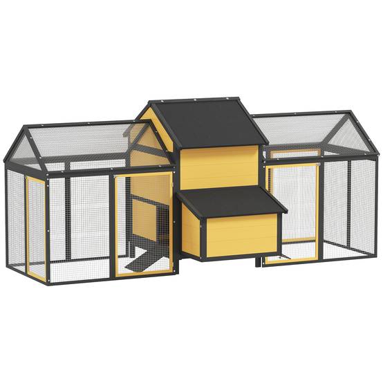 Poulailler/clapier pour petits animaux avec 2 enclos extérieurs, 1 pondoir, 2 rampes, toit en asphalte, résistant aux intempéries, jaune - Image 1