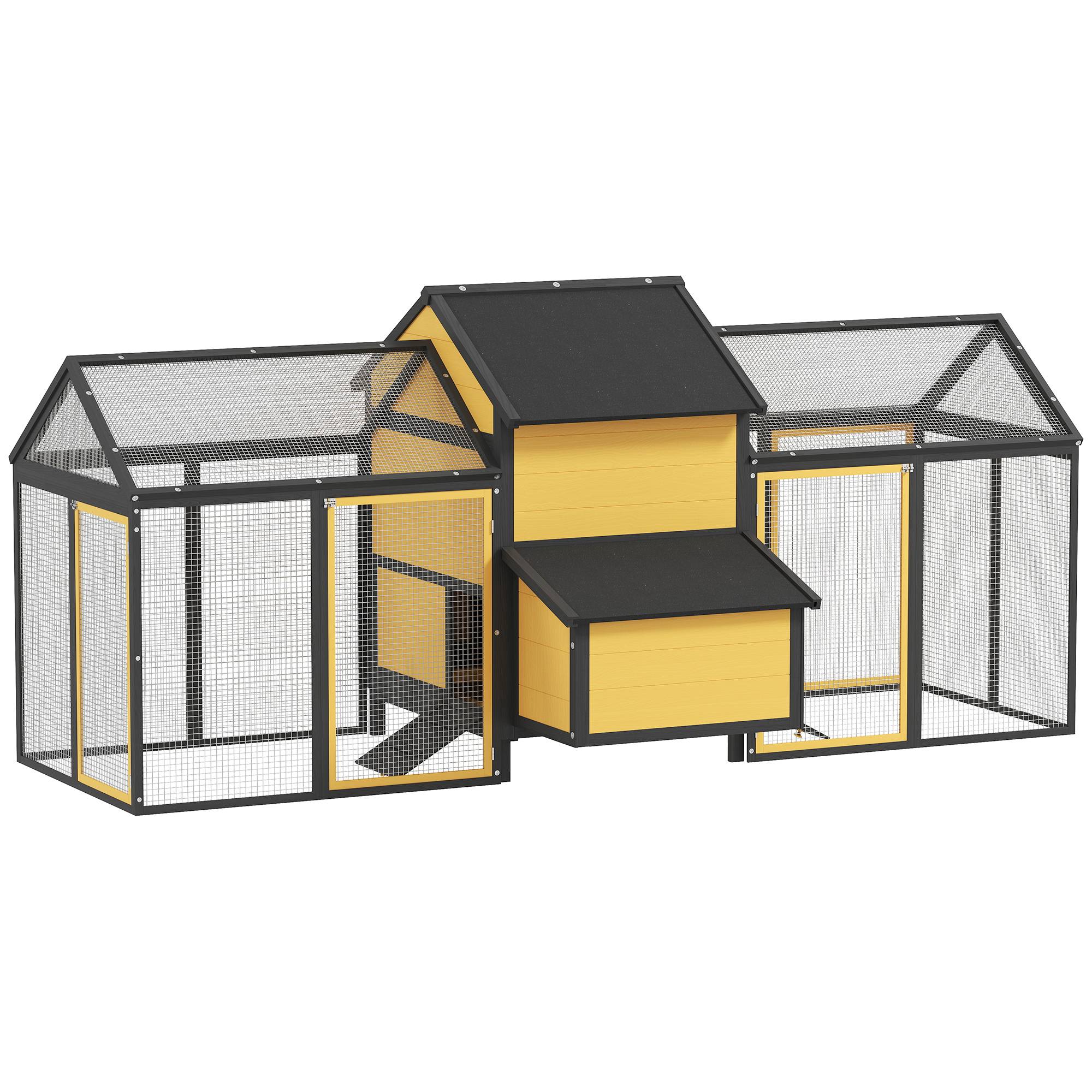 Poulailler/clapier pour petits animaux avec 2 enclos extérieurs, 1 pondoir, 2 rampes, toit en asphalte, résistant aux intempéries, jaune - Image 1