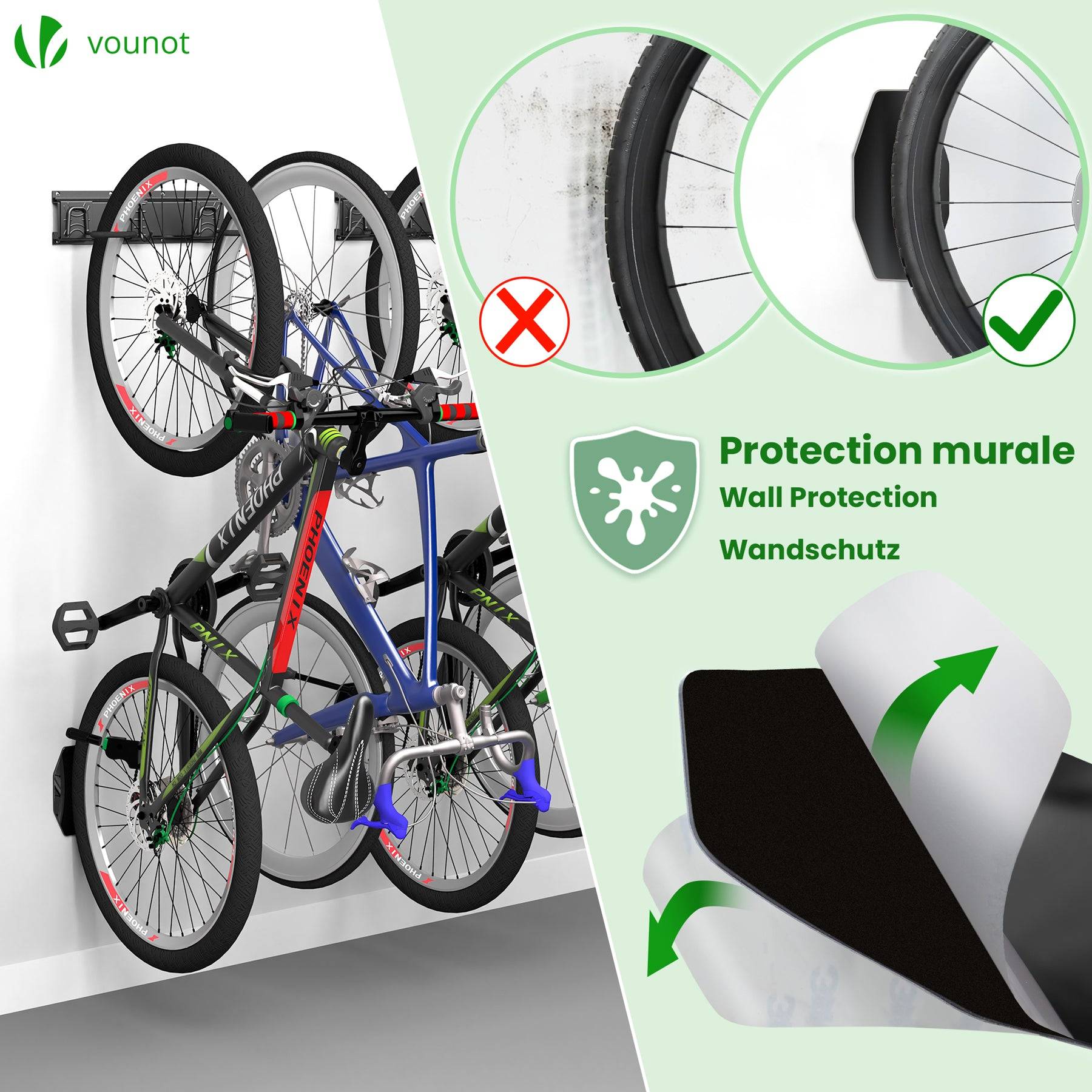 Support mural rangement pour 4 velos et 2 casques rails et crochets metal noir - Image 4