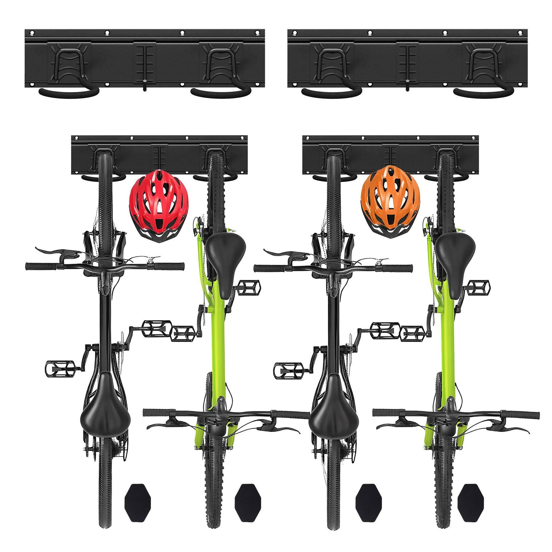 Support mural rangement pour 4 velos et 2 casques rails et crochets metal noir - Image 1