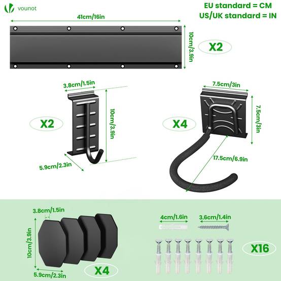 Support mural rangement pour 4 velos et 2 casques rails et crochets metal noir - Image 3