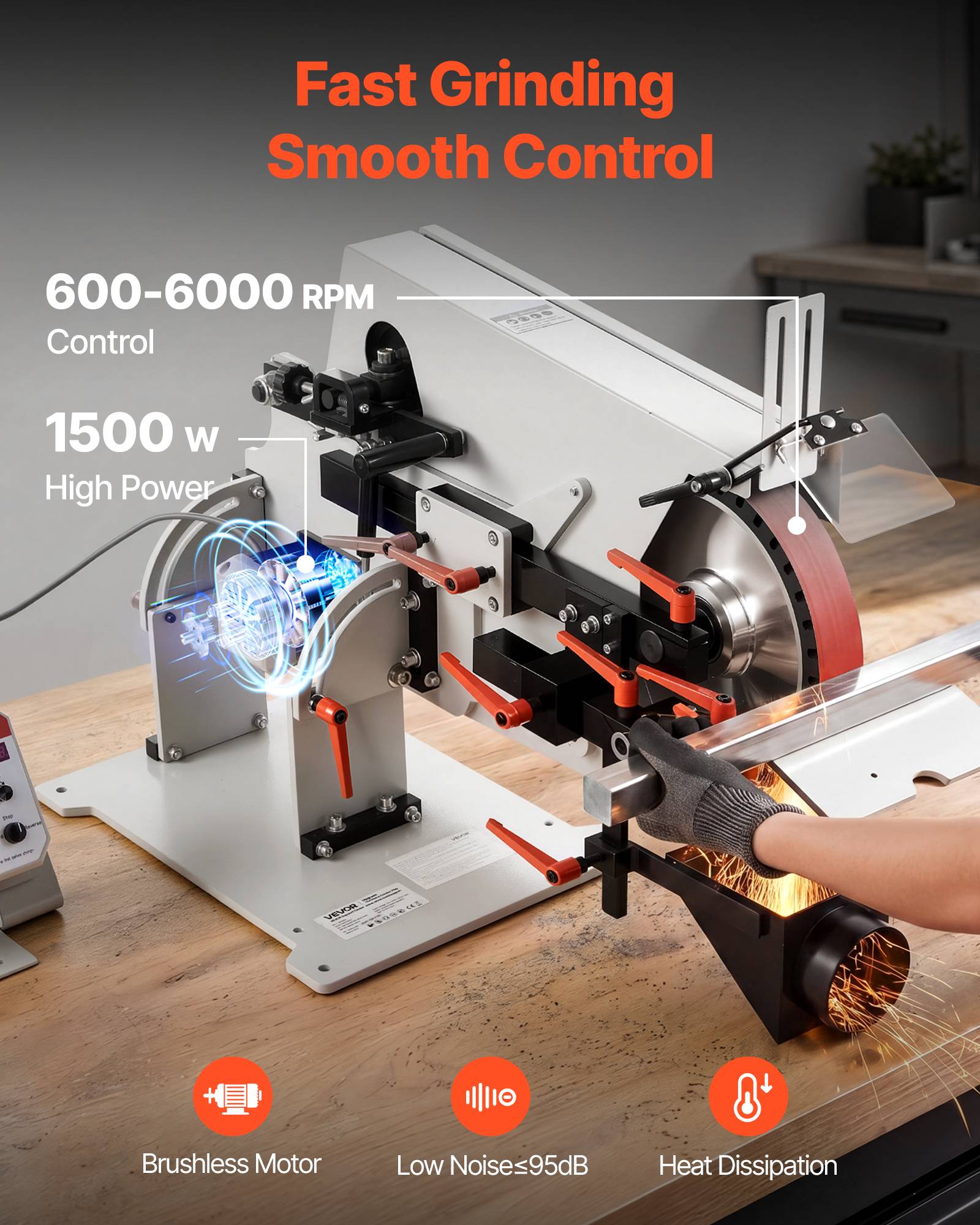 Vevor - VEVOR Ponceuse à bande 1500 W (1829-2083)x51 mm, VFD, 3 modes, 3 bandes abrasives, capot de protection - Image 2