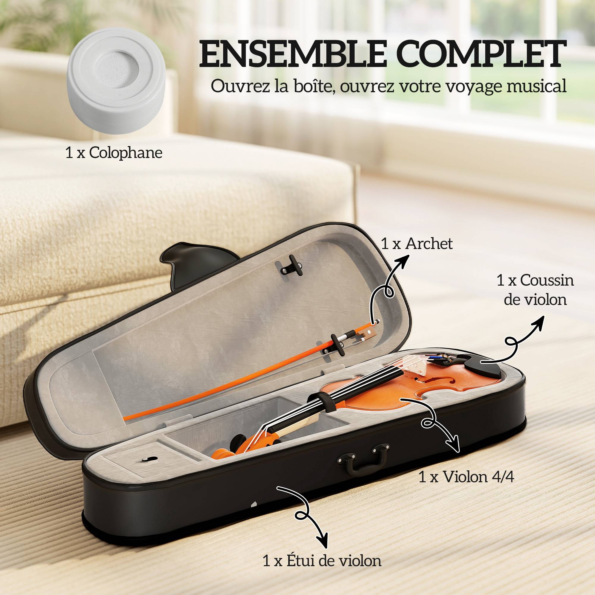 Violon 4/4 ensemble de violon en bois massif pour adultes et débutants avec étui léger et portable 60 x 21 cm marron - Image 5