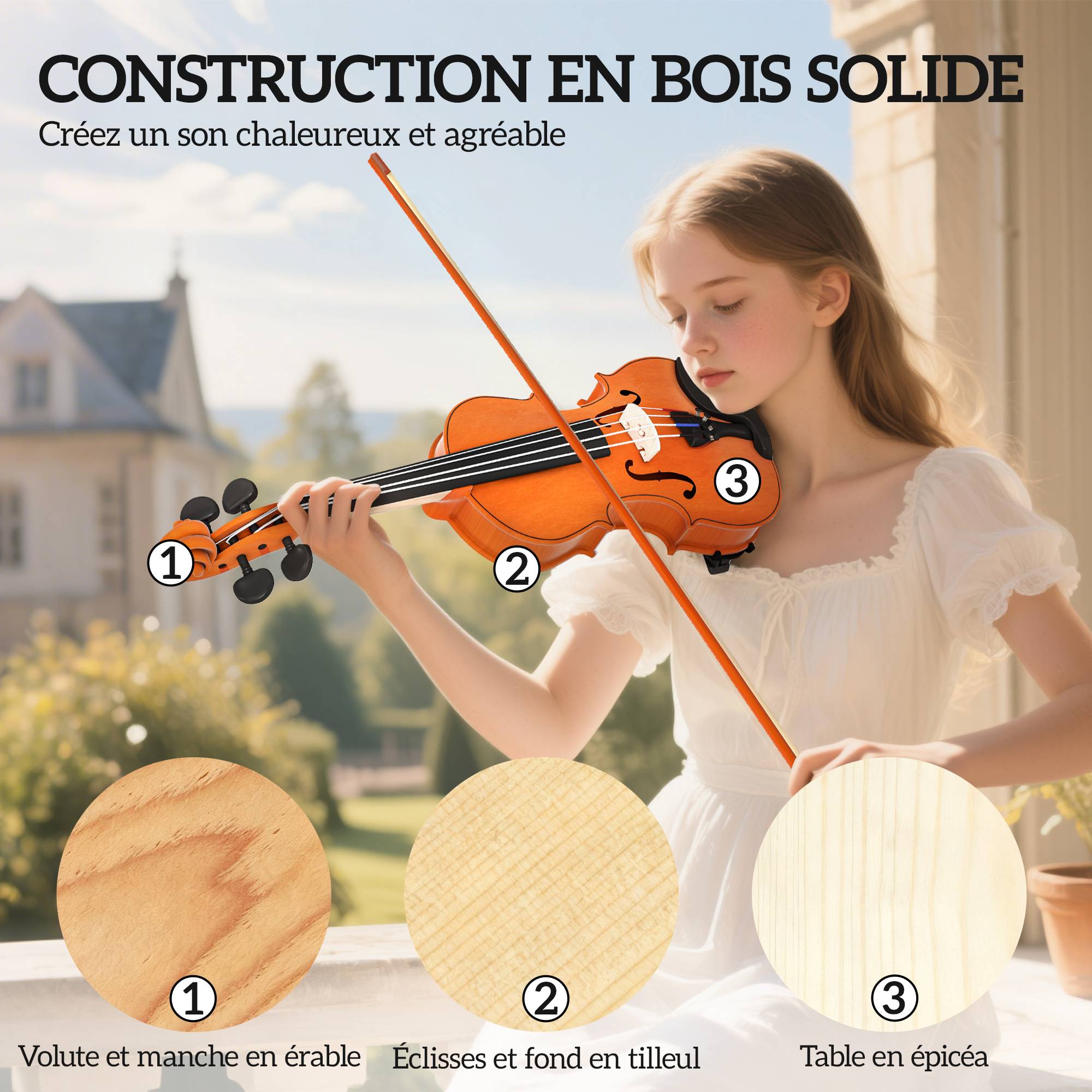Violon 4/4 ensemble de violon en bois massif pour adultes et débutants avec étui léger et portable 60 x 21 cm marron - Image 6
