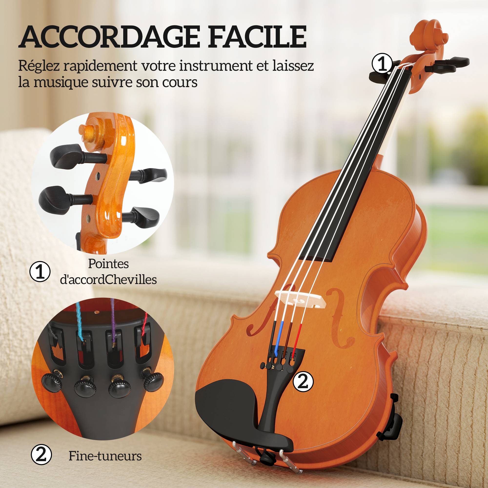 Violon 4/4 ensemble de violon en bois massif pour adultes et débutants avec étui léger et portable 60 x 21 cm marron - Image 8
