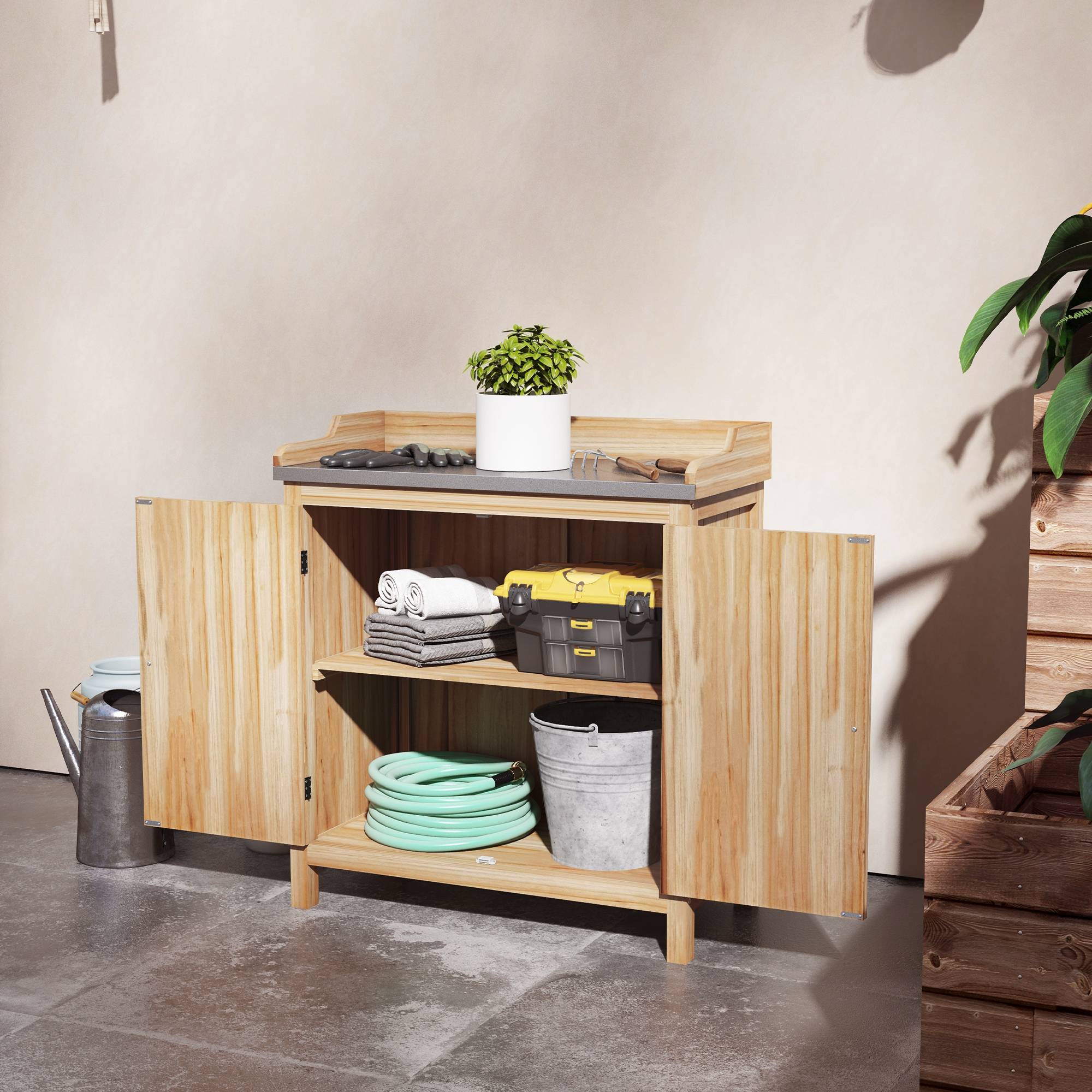 ComfortXL - Table de rempotage sapin naturel 83x40x92 cm jardin rangement plateau galvanisé - ComfortXL Outdoor Living - Image 2