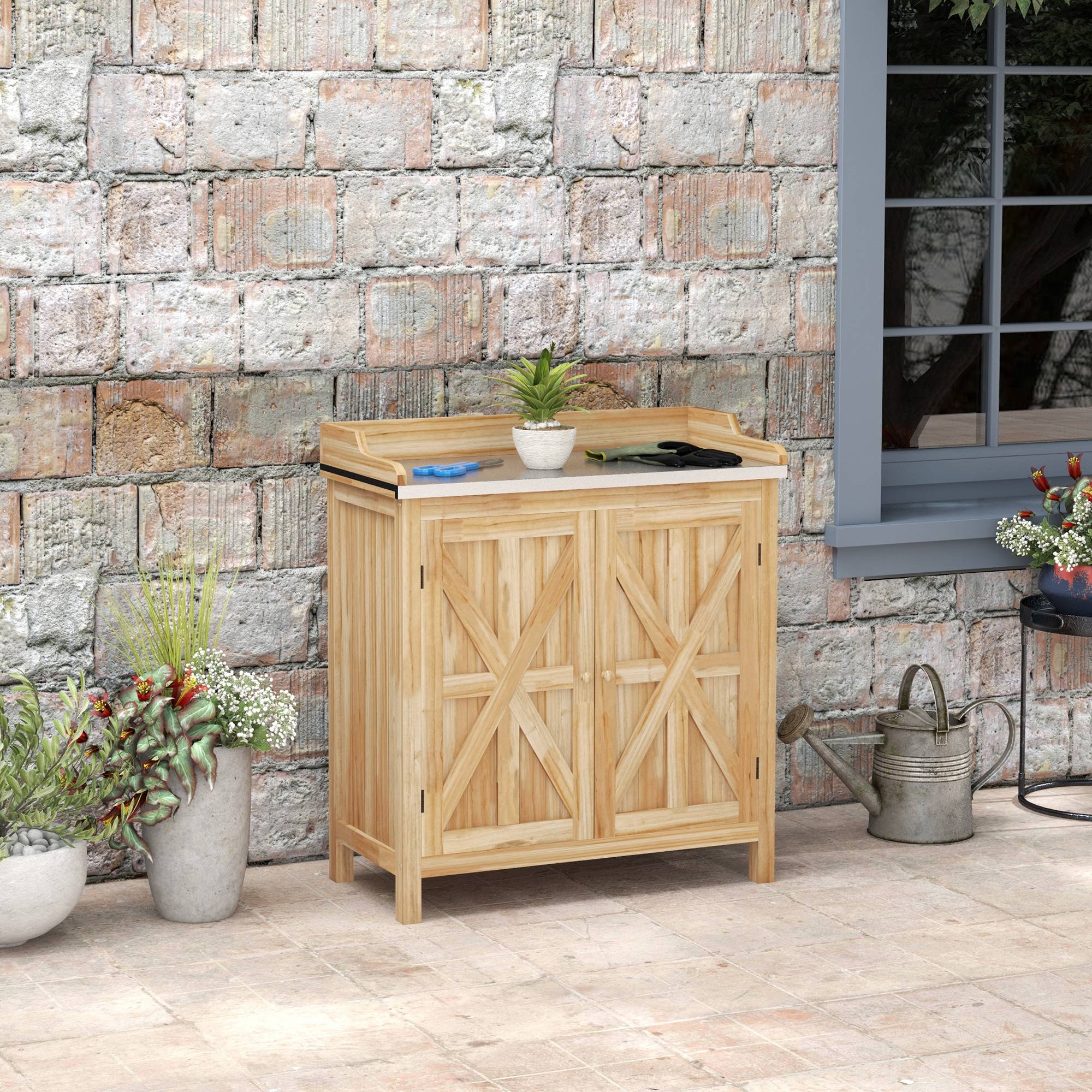 ComfortXL - Table de rempotage sapin naturel 83x40x92 cm jardin rangement plateau galvanisé - ComfortXL Outdoor Living - Image 3