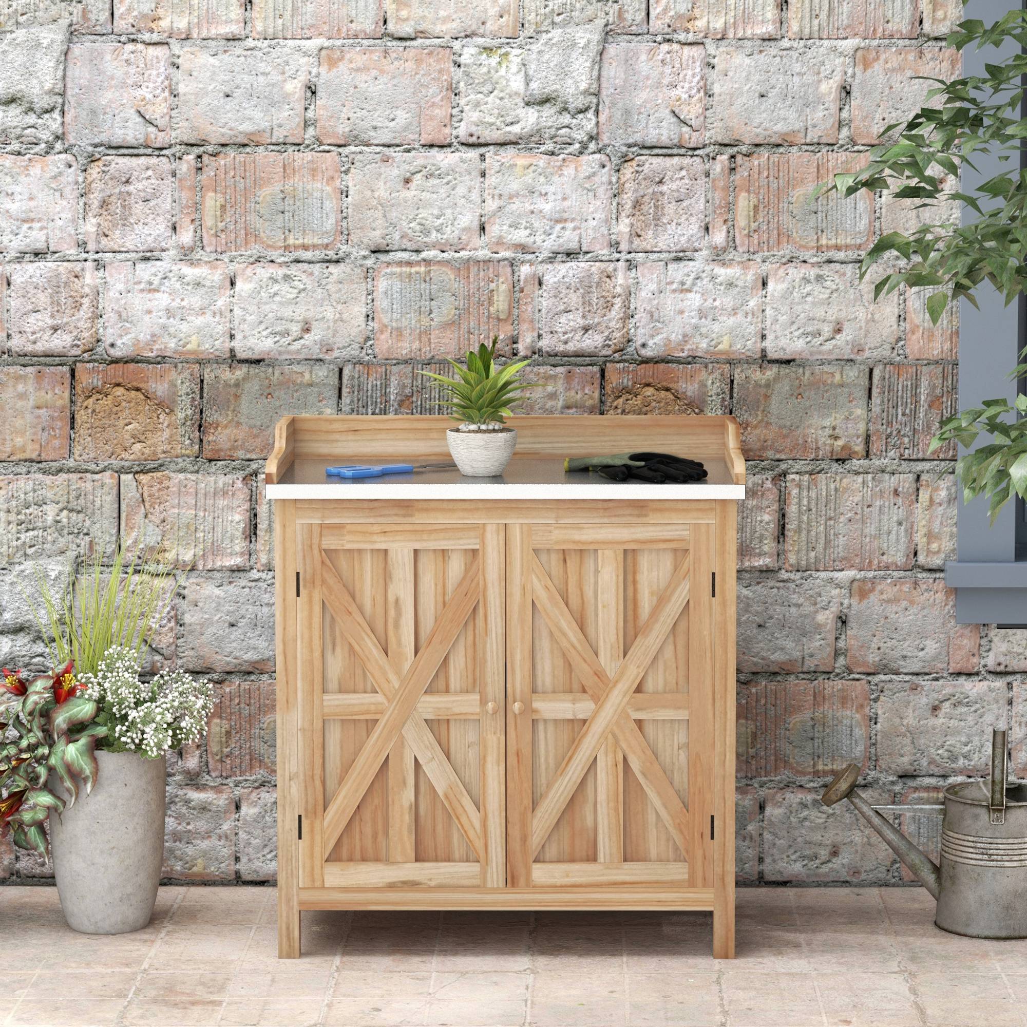 ComfortXL - Table de rempotage sapin naturel 83x40x92 cm jardin rangement plateau galvanisé - ComfortXL Outdoor Living - Image 8