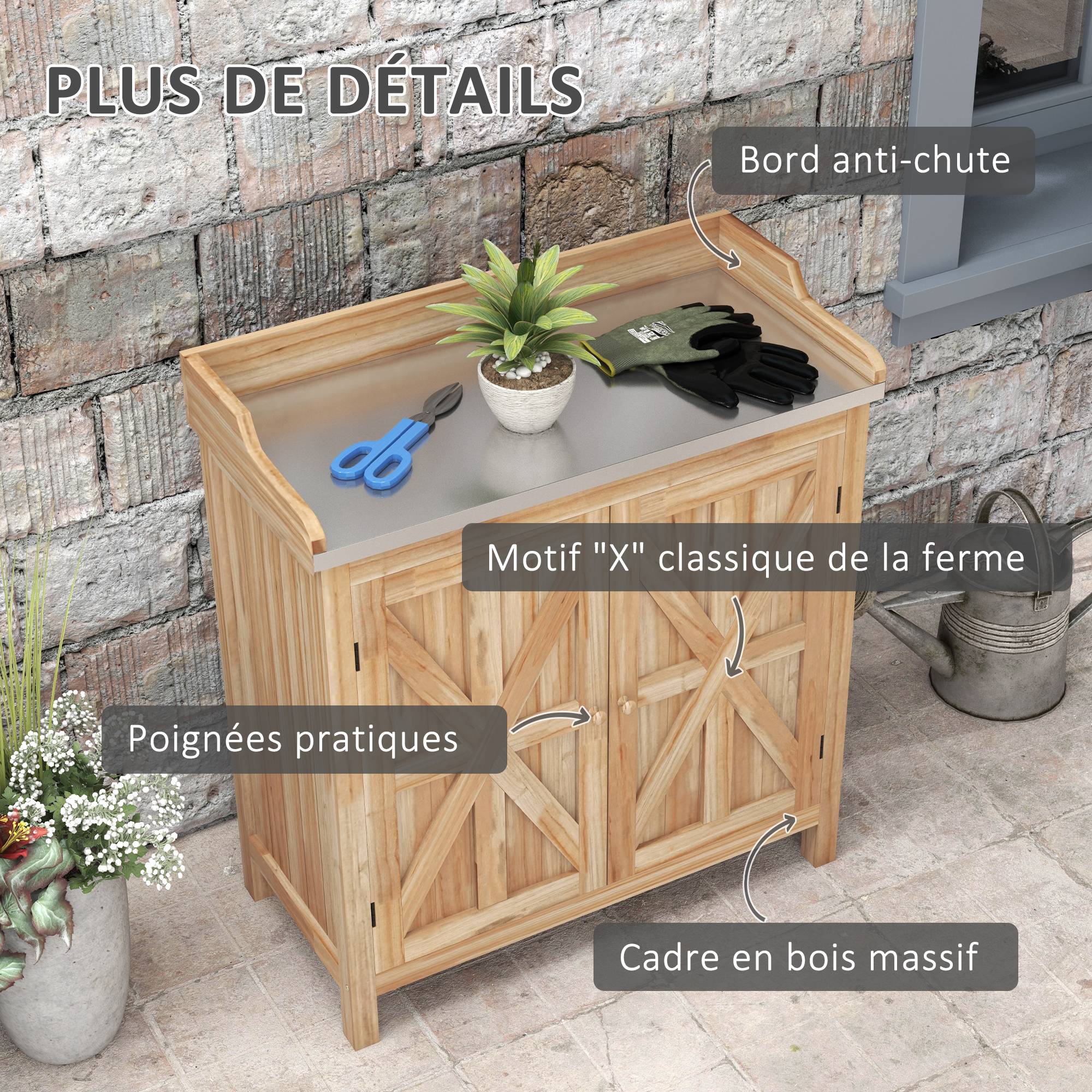 ComfortXL - Table de rempotage sapin naturel 83x40x92 cm jardin rangement plateau galvanisé - ComfortXL Outdoor Living - Image 7