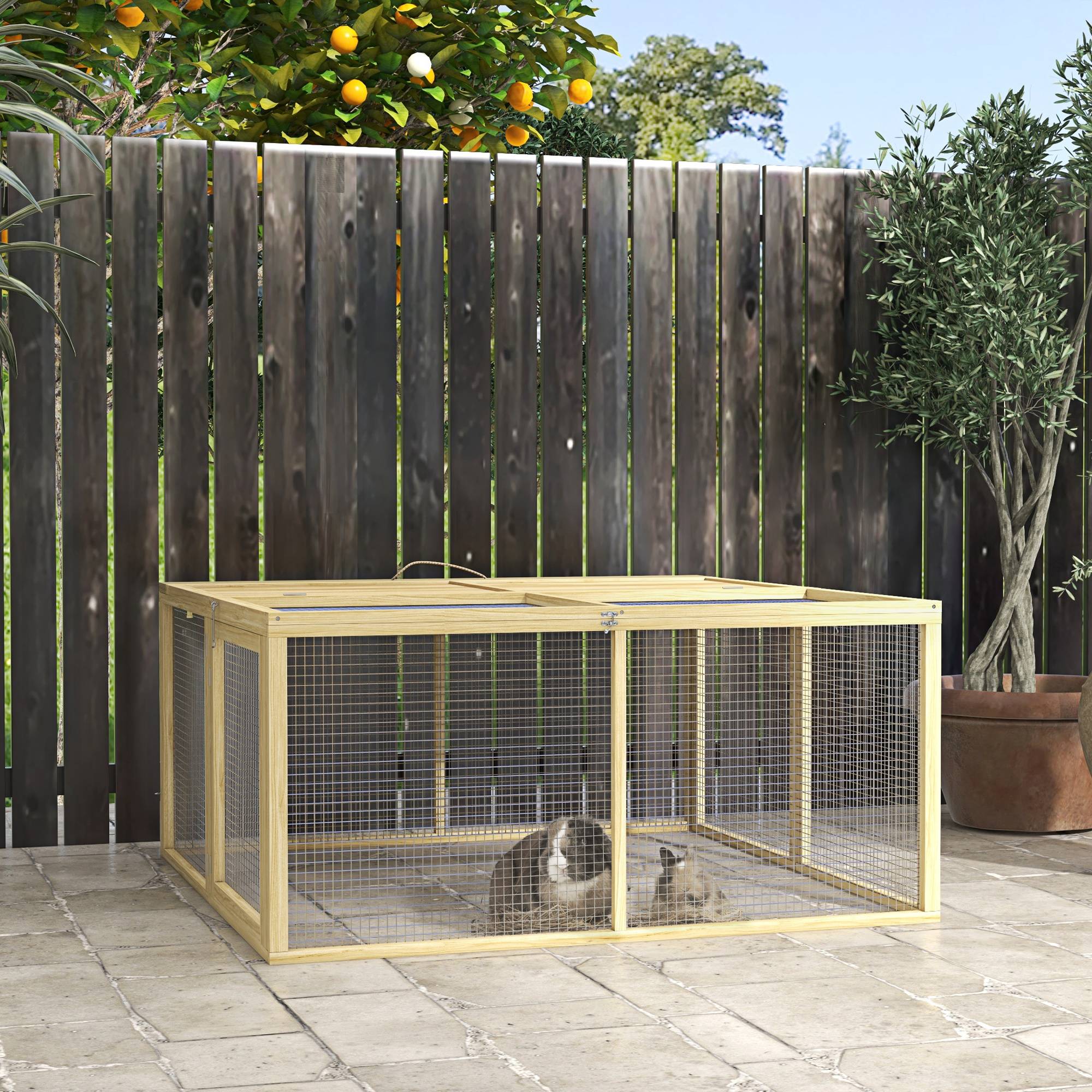 Parc Enclos Lapin Bois Pliable Toit Ouvrant 120x120x57cm Naturel - ComfortXL Pet Living - Image 1