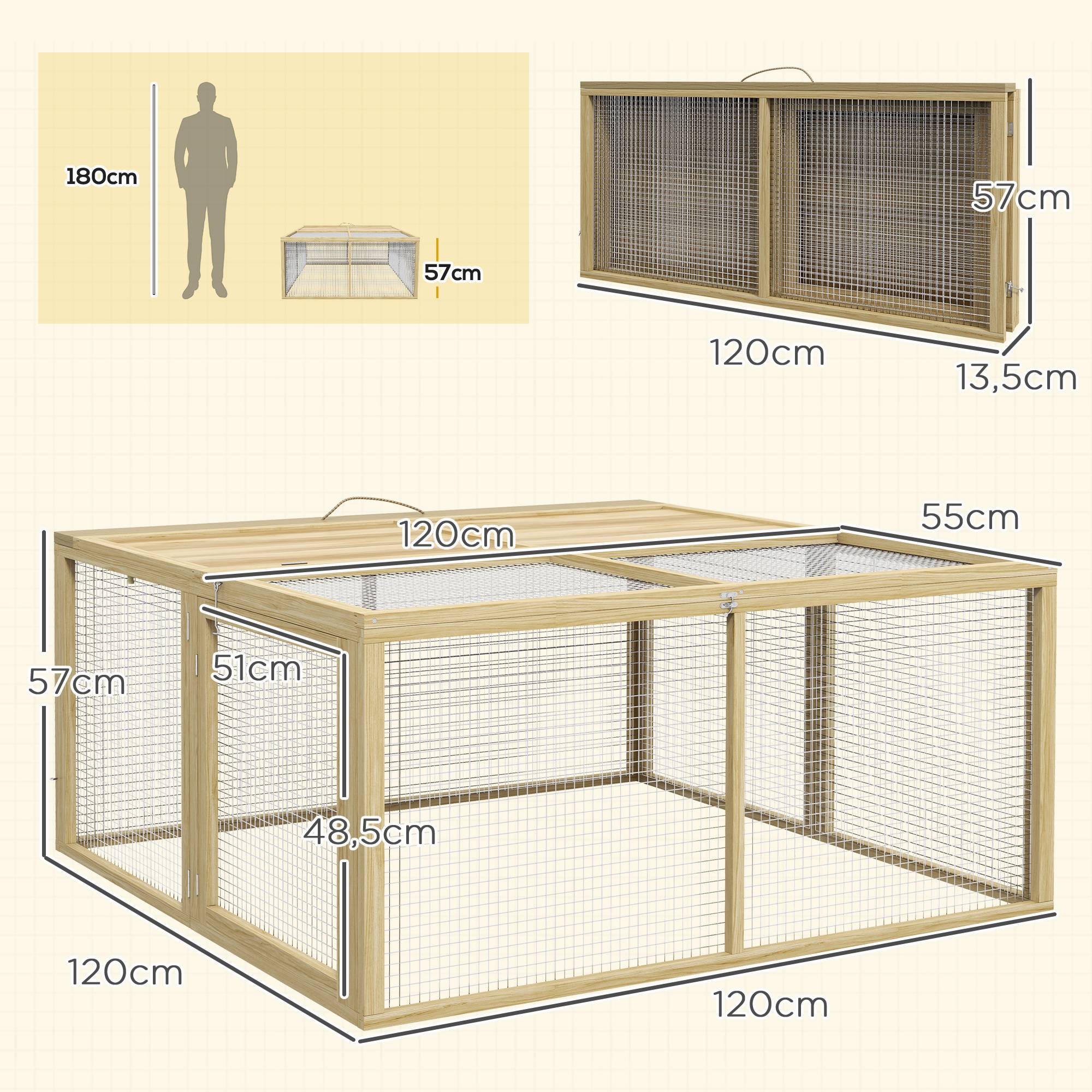 Parc Enclos Lapin Bois Pliable Toit Ouvrant 120x120x57cm Naturel - ComfortXL Pet Living - Image 3