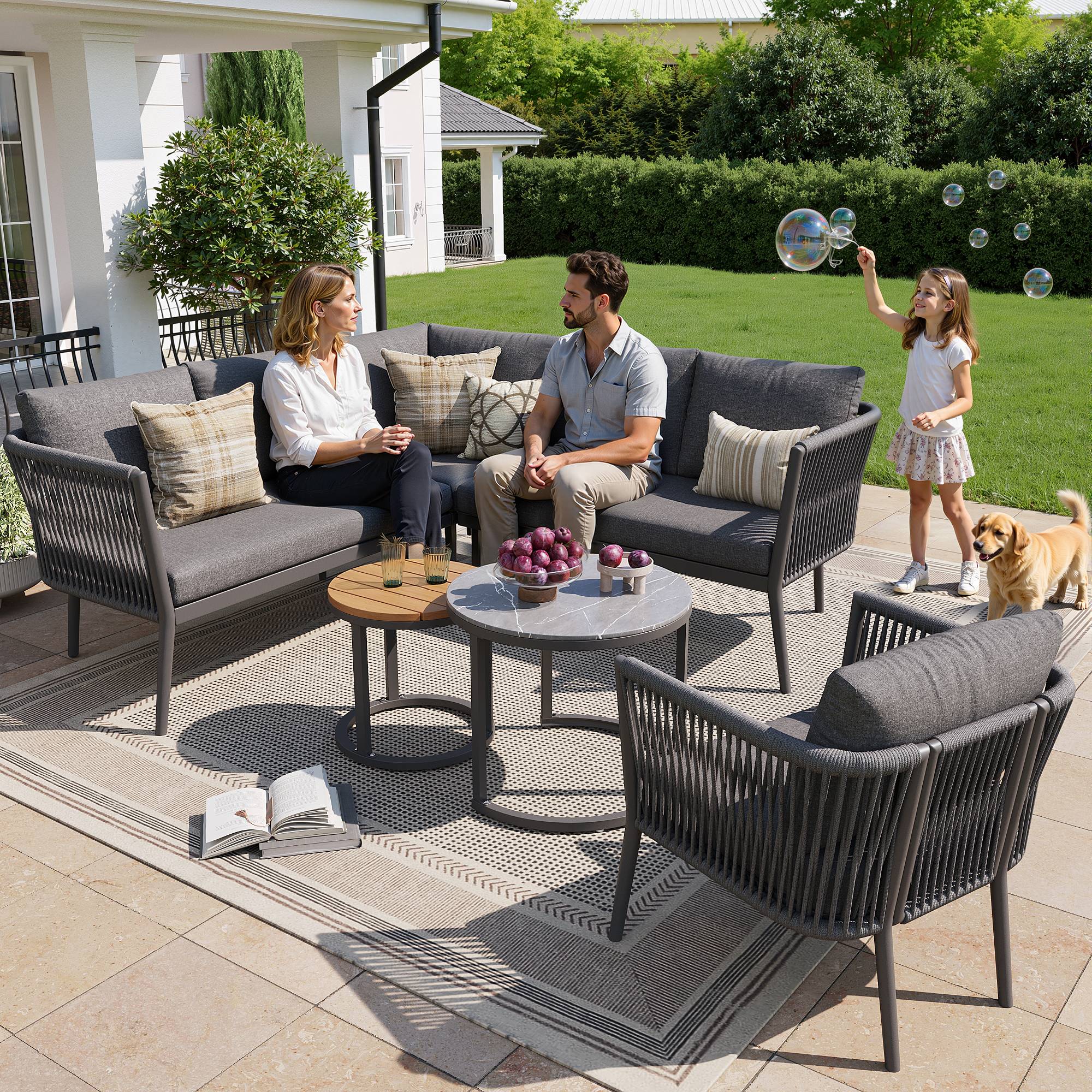 Salon jardin 5-6 places : canapé d’angle modulable en corde, coussins inclus, idéal terrasse/balcon, gris - Image 1