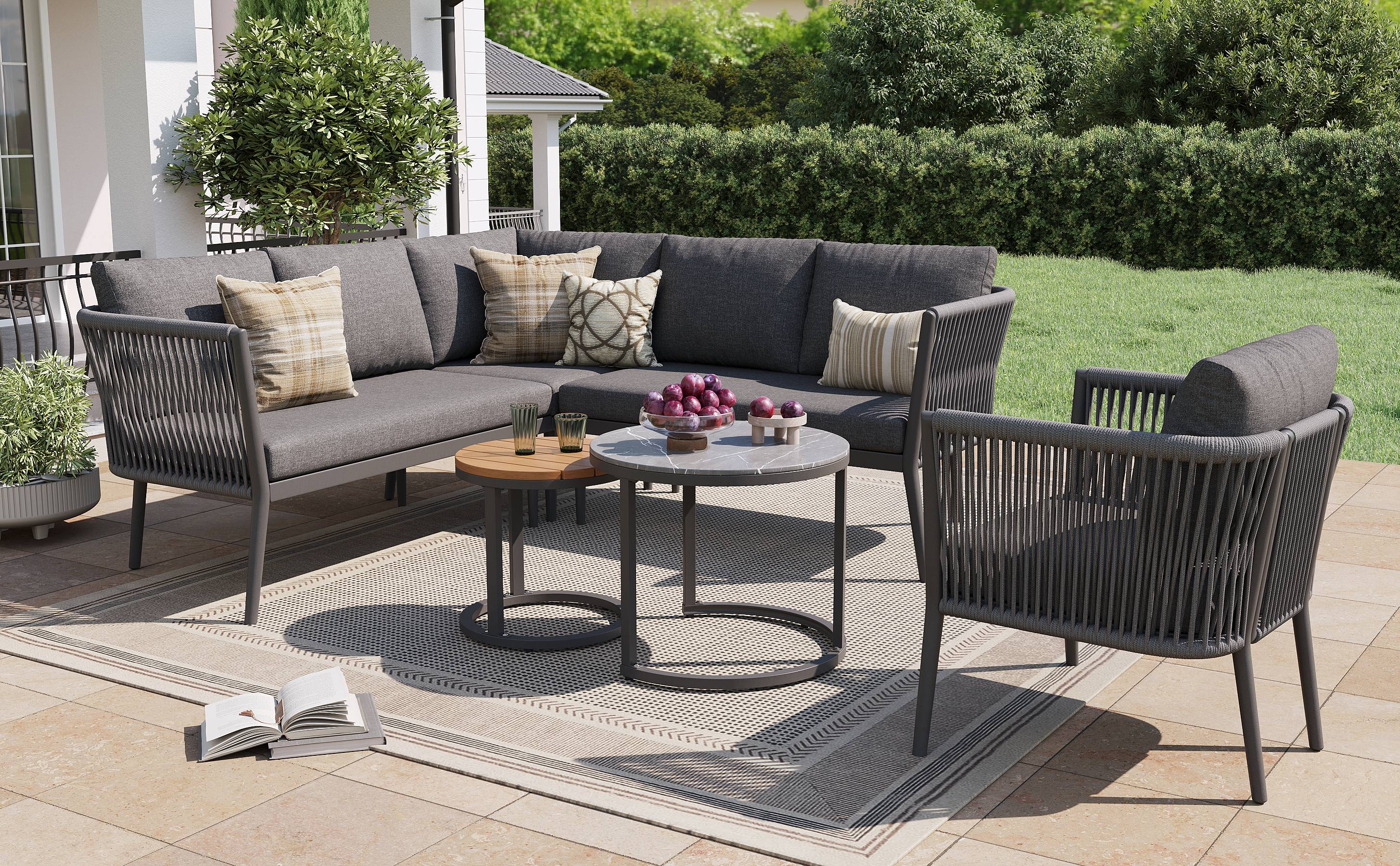 Salon jardin 5-6 places : canapé d’angle modulable en corde, coussins inclus, idéal terrasse/balcon, gris - Image 4
