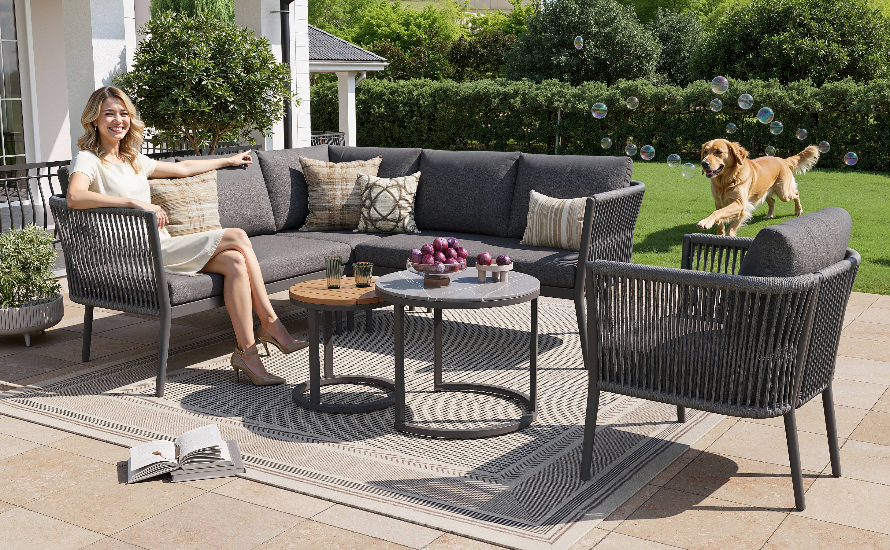 Salon jardin 5-6 places : canapé d’angle modulable en corde, coussins inclus, idéal terrasse/balcon, gris - Image 5