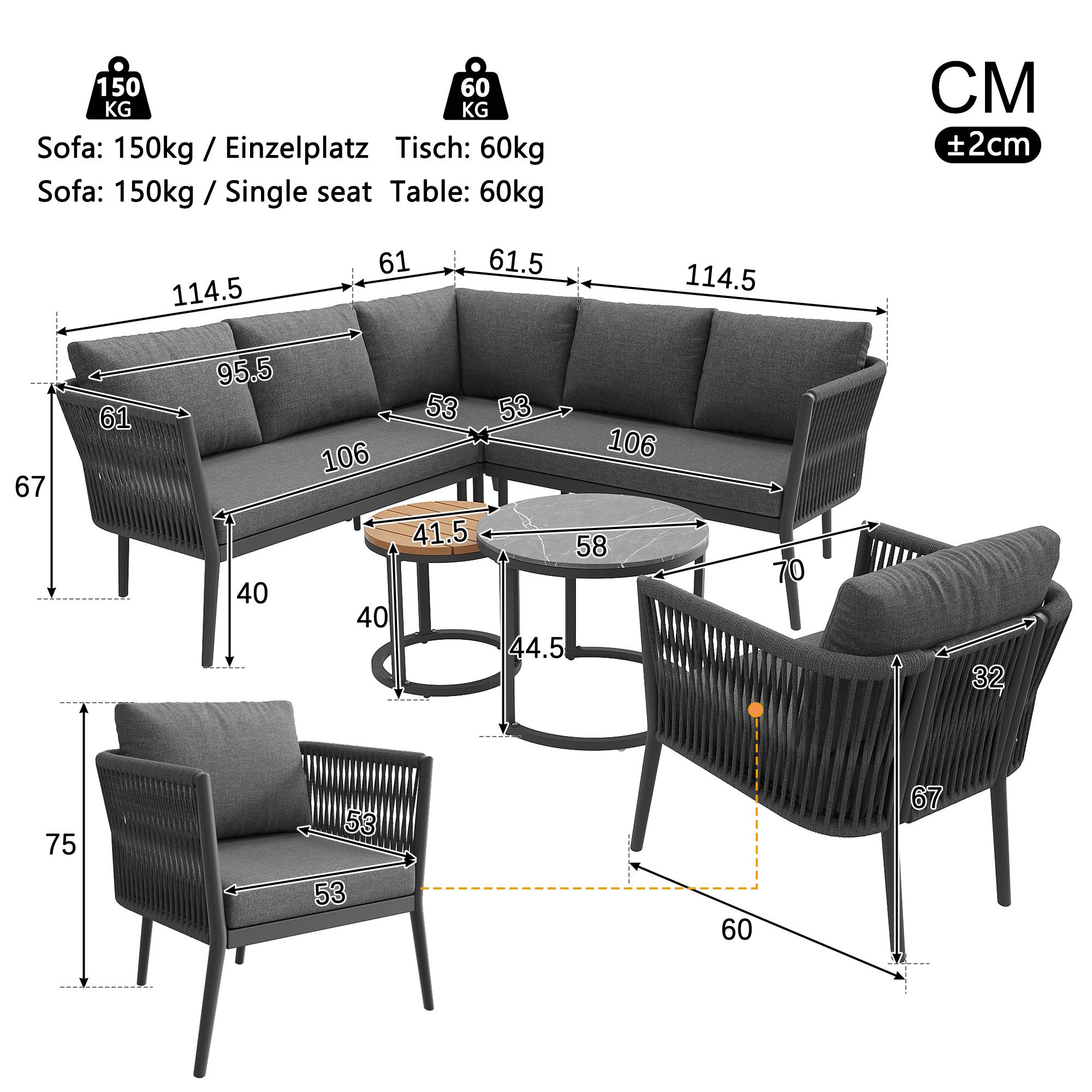 Salon jardin 5-6 places : canapé d’angle modulable en corde, coussins inclus, idéal terrasse/balcon, gris - Image 7