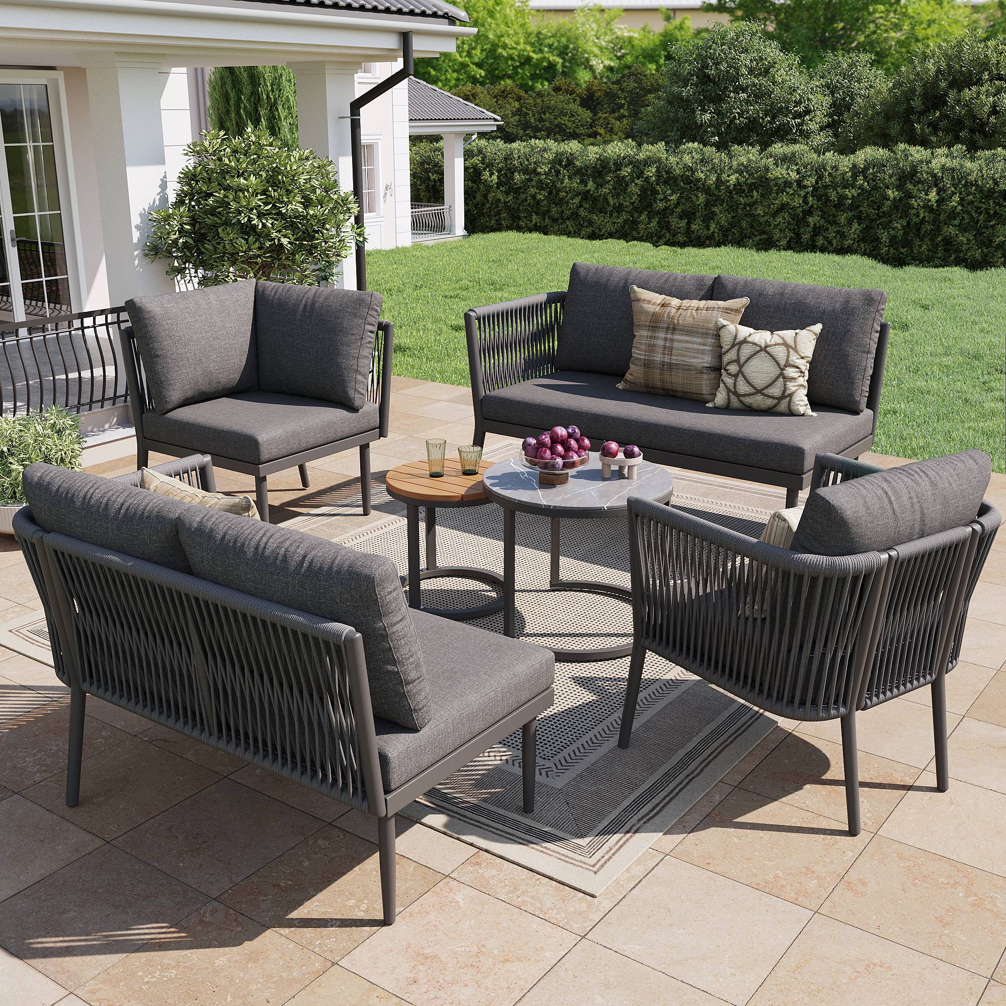 Salon jardin 5-6 places : canapé d’angle modulable en corde, coussins inclus, idéal terrasse/balcon, gris - Image 3