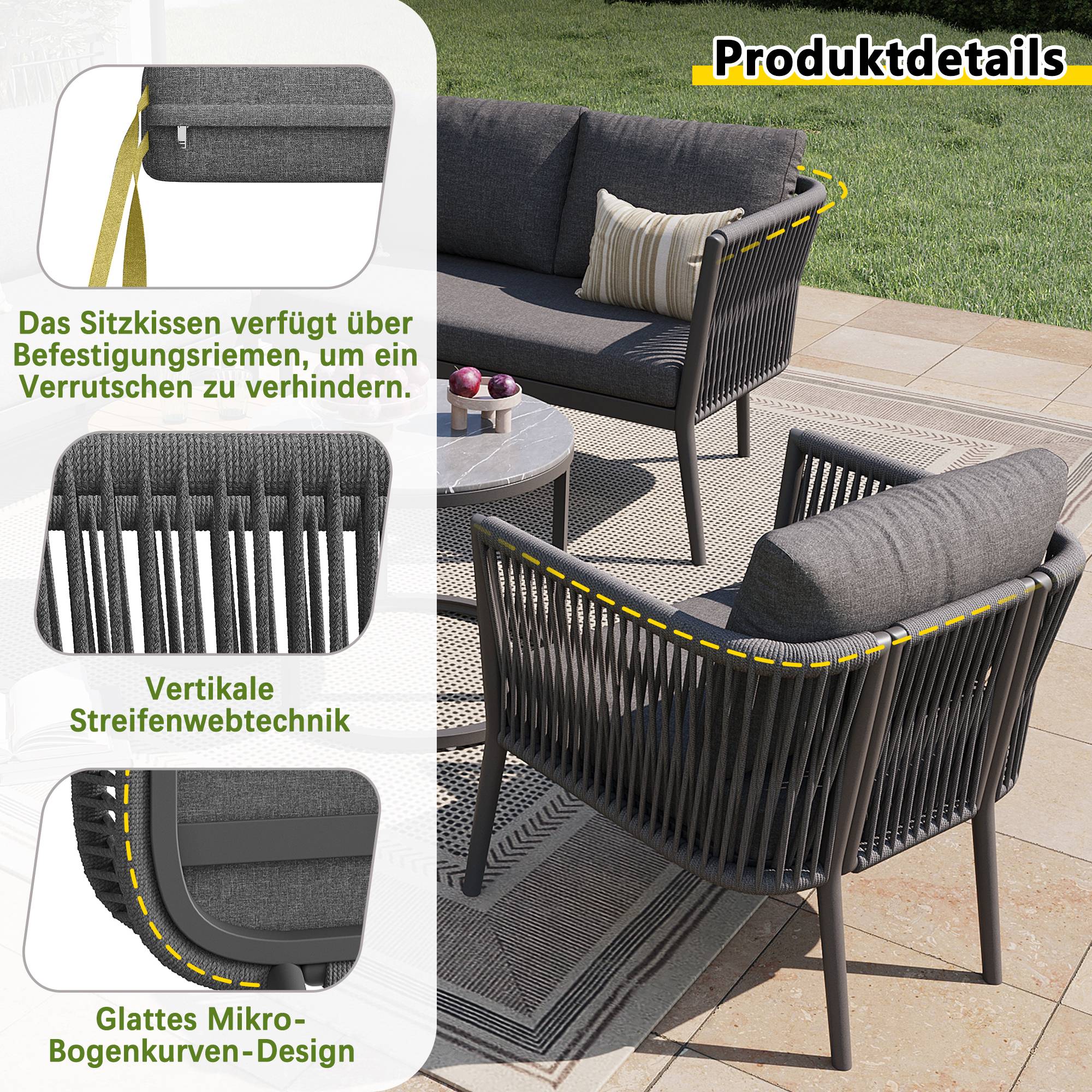 Salon jardin 5-6 places : canapé d’angle modulable en corde, coussins inclus, idéal terrasse/balcon, gris - Image 8