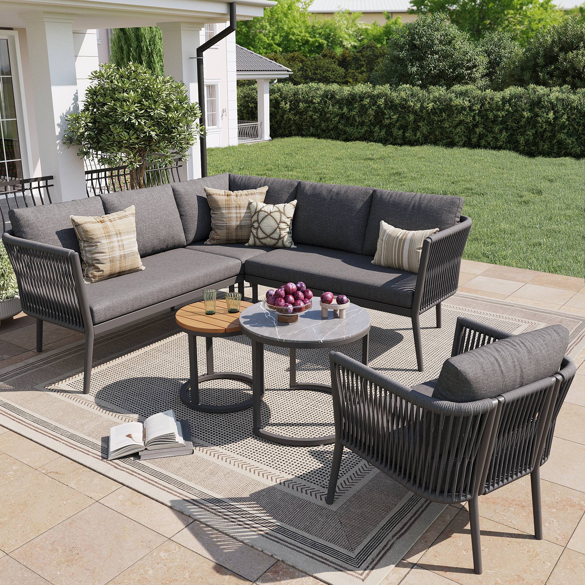 Salon jardin 5-6 places : canapé d’angle modulable en corde, coussins inclus, idéal terrasse/balcon, gris - Image 2