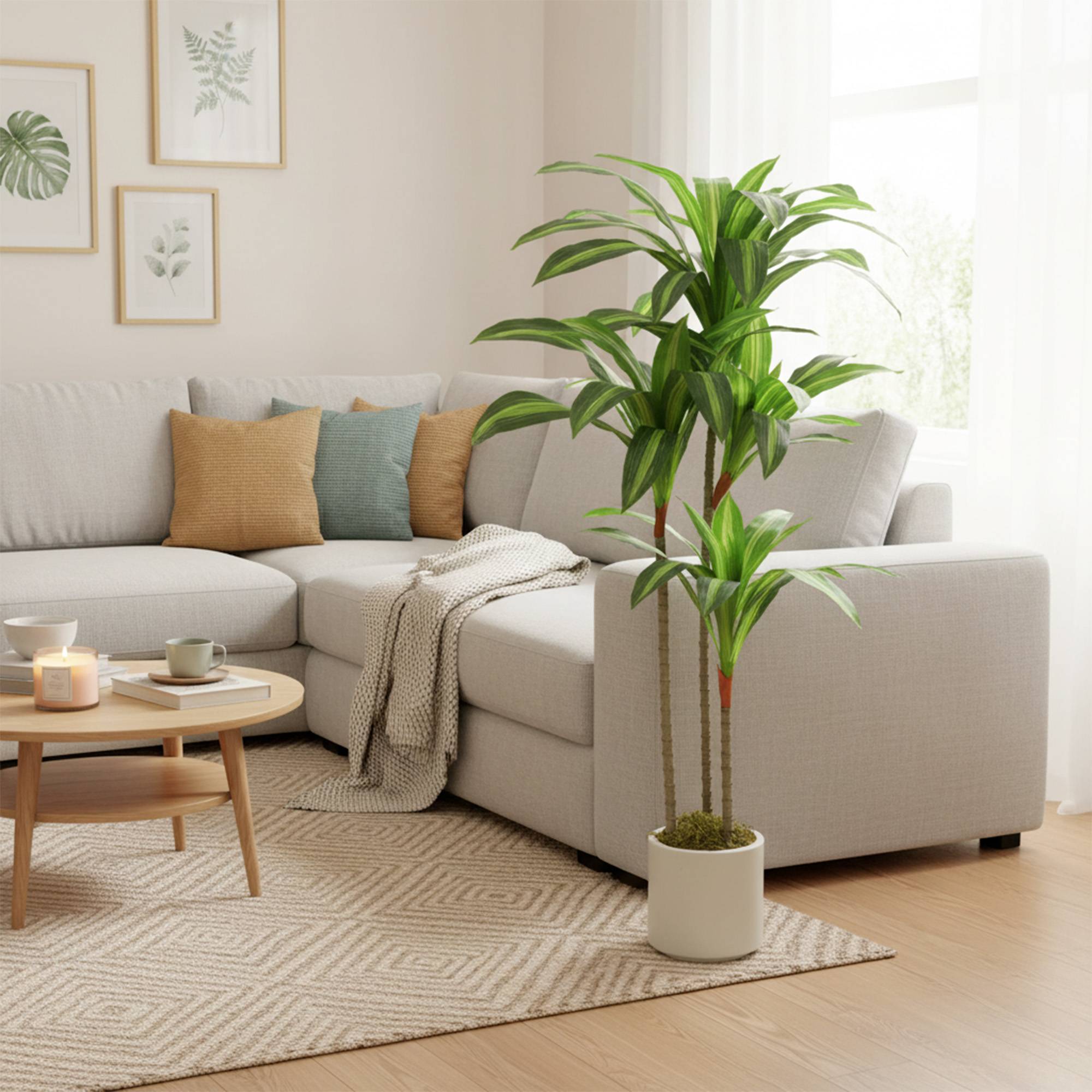 Dracaena artificiel 120 cm, tiges flexibles, pot blanc, salon chambre bureau - Image 4