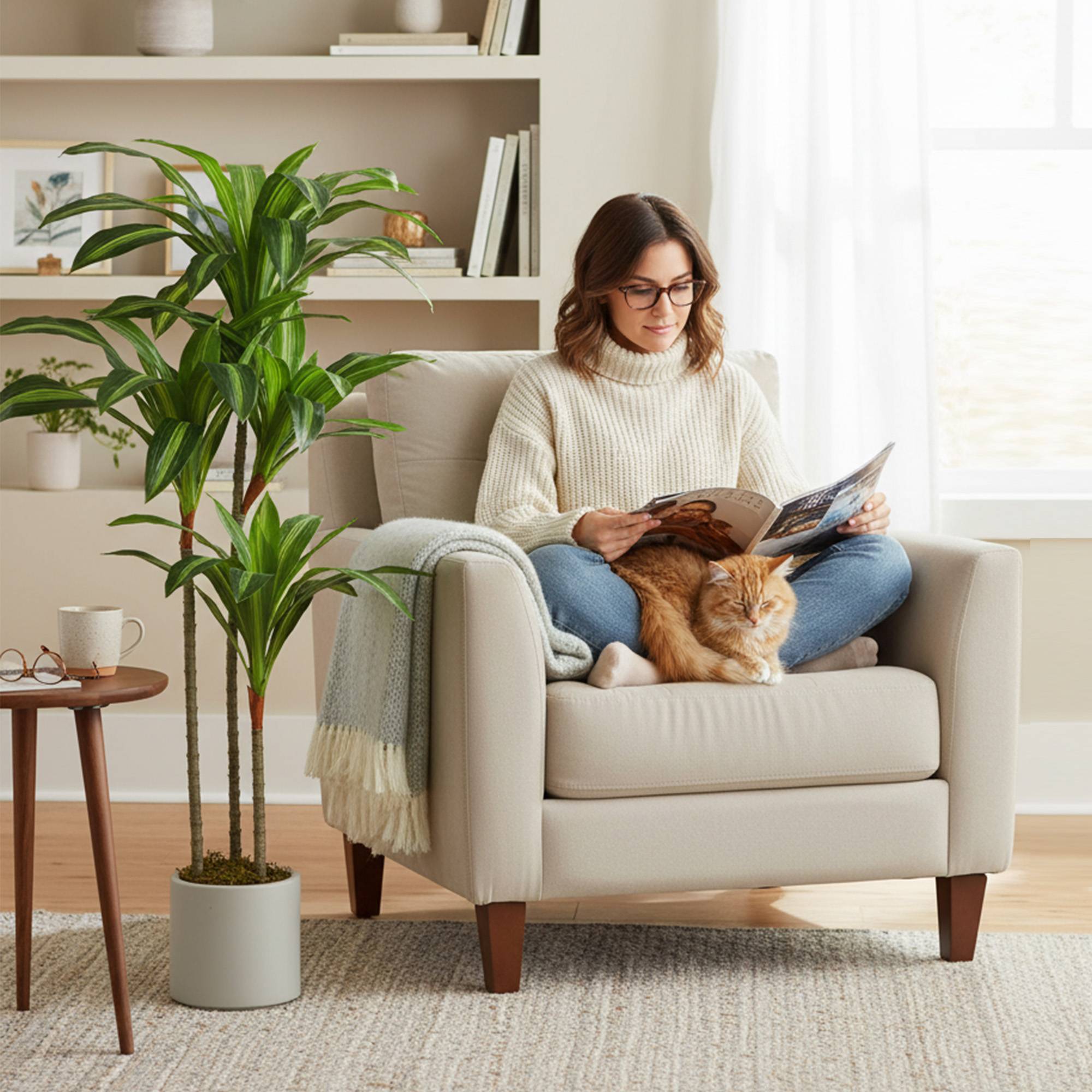 Dracaena artificiel 120 cm, tiges flexibles, pot blanc, salon chambre bureau - Image 10
