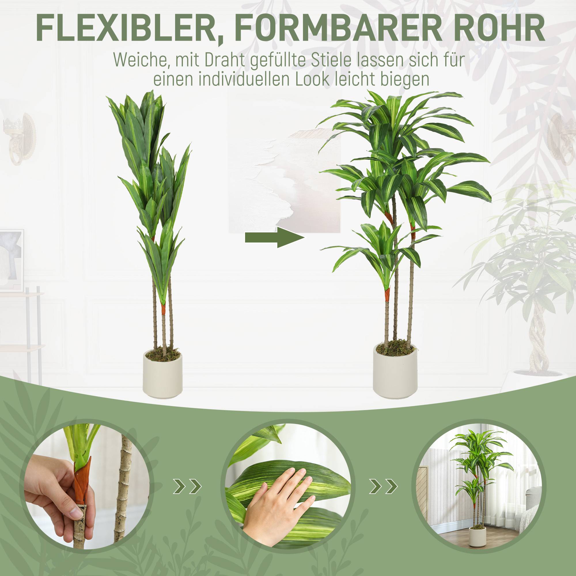 Dracaena artificiel 120 cm, tiges flexibles, pot blanc, salon chambre bureau - Image 8