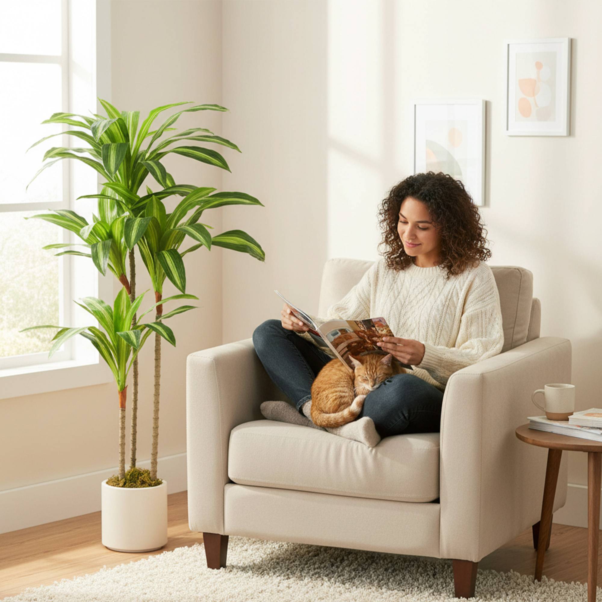 Dracaena artificiel 120 cm, tiges flexibles, pot blanc, salon chambre bureau - Image 3