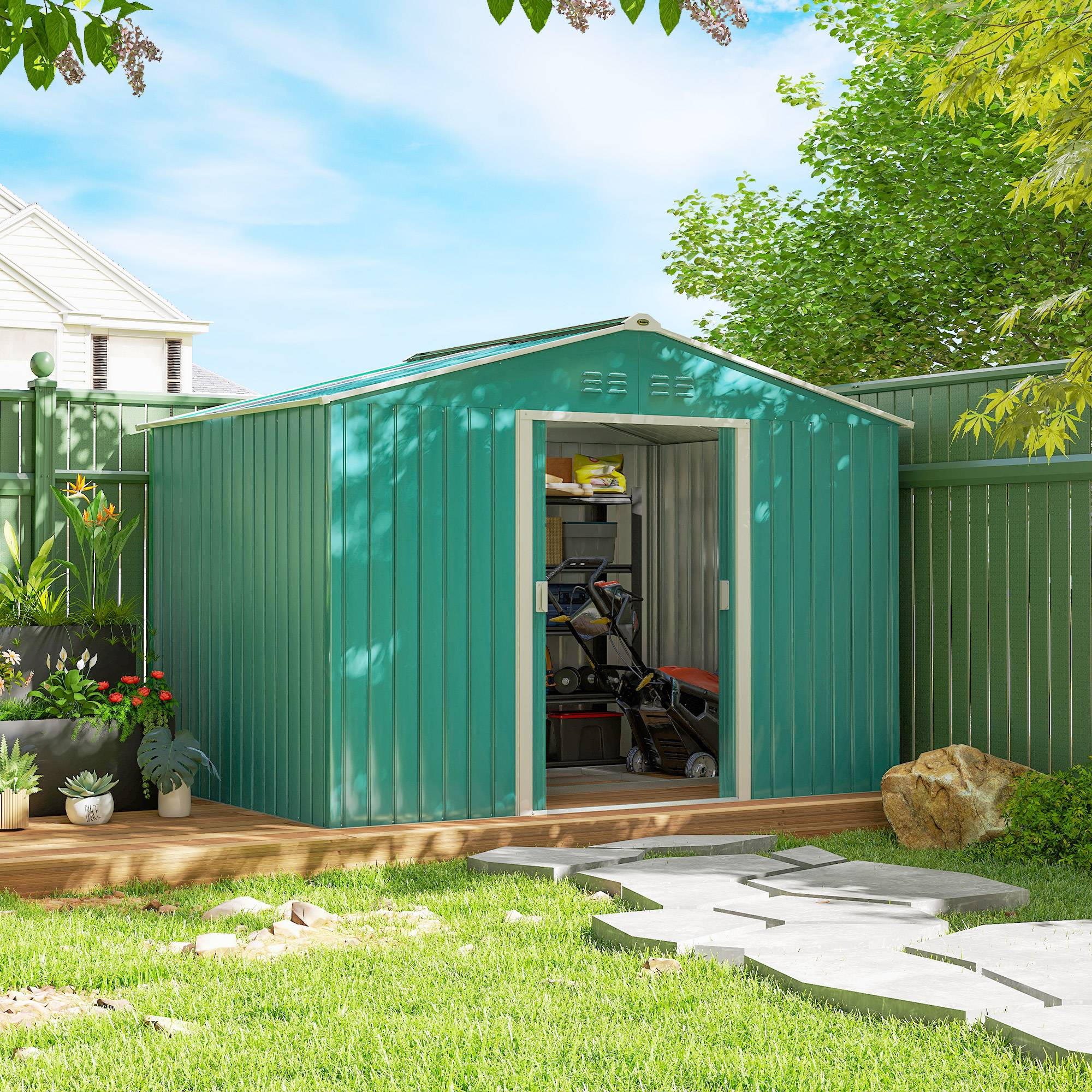 Abri de jardin 4,9 m² (277 x 195 x 192 cm) avec 2 portes coulissantes, toit en pente et 4 fenêtres, vert - Image 4